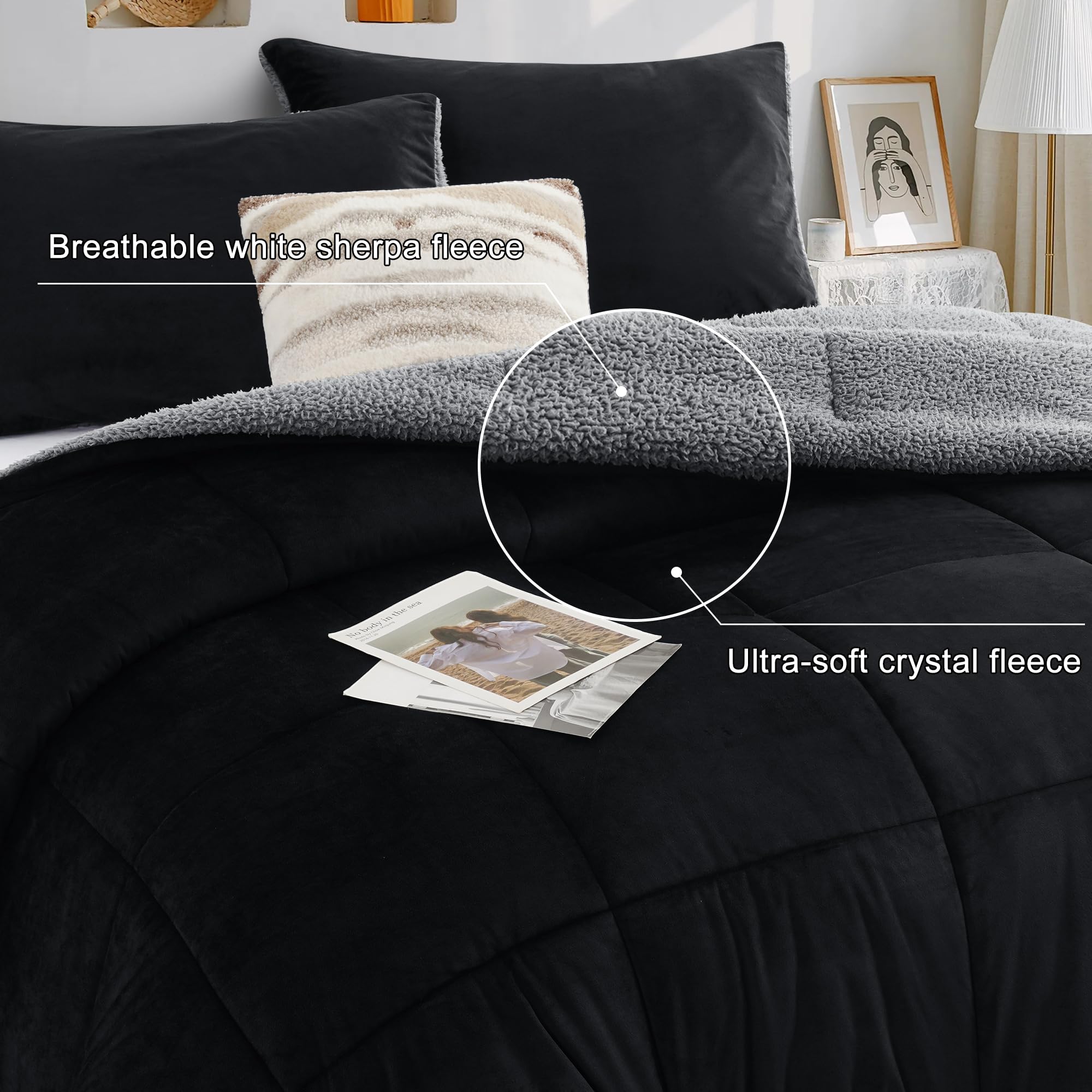 **BEDHOURS Queen Comforter Set - Ultra Soft Micromink & Sherpa Reversible Comforter with 2 Pillowcases - Plush Down Alternative Bedding for Winter Warmth (Black, Queen Size) - Perfect for Cozy Nights & Cold Weather**