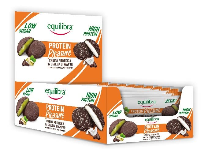 Equilibra Protein Bars - Pistachio & Dark Chocolate, High Protein Wafer with Creamy Filling, Low Sugar, Gluten Free, Palm Oil Free, 24 Pack (34g Each) | Perfect for Post-Workout Recovery, Healthy Snacking & On-the-Go Nutrition