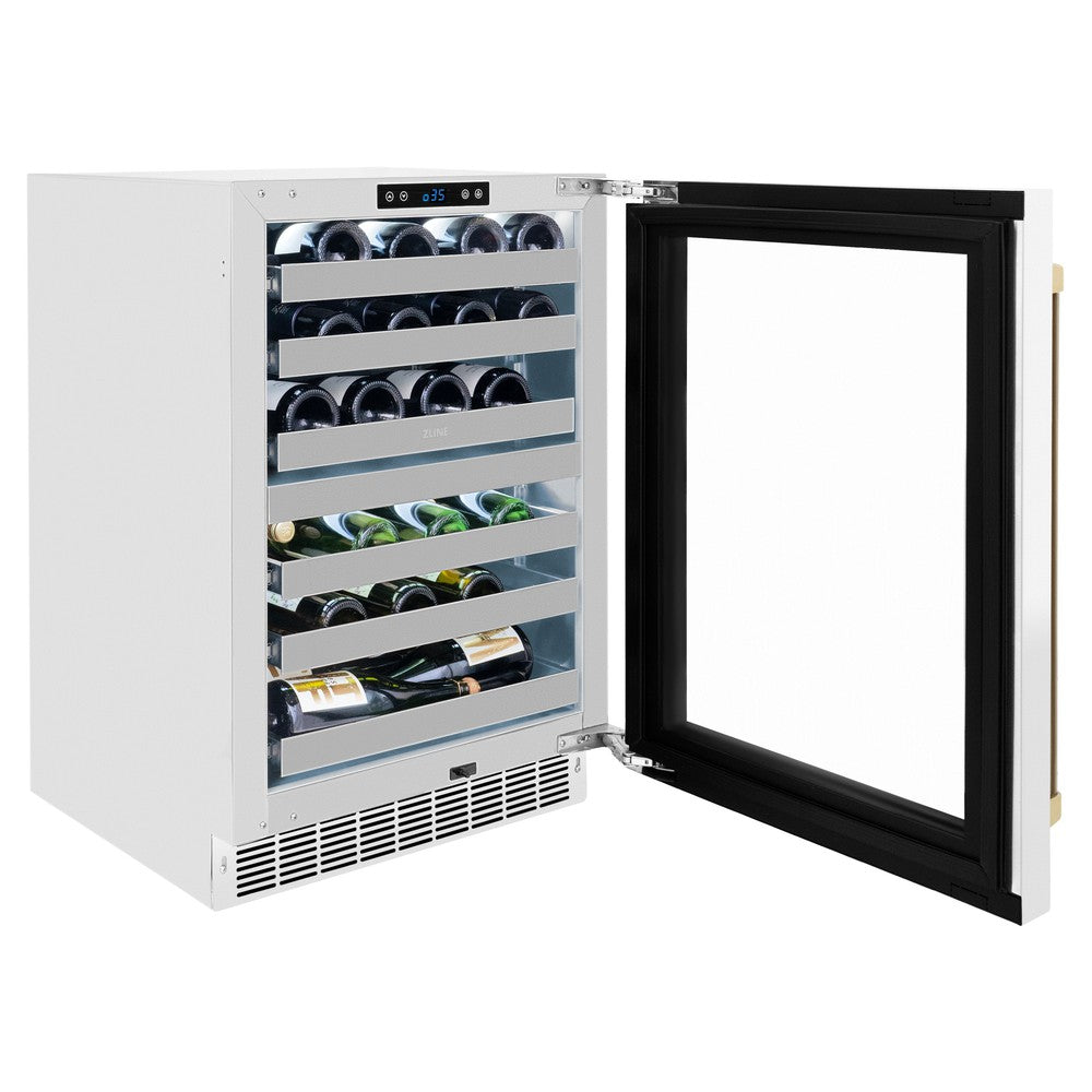 ZLINE Autograph Edition 24 Inch Dual Zone Wine Cooler - 44 Bottle Capacity, White Matte Glass Door & Champagne Bronze Handle - Perfect for Home Bars, Restaurants, and Wine Cellars (RWDOZ WM 24 CB)
