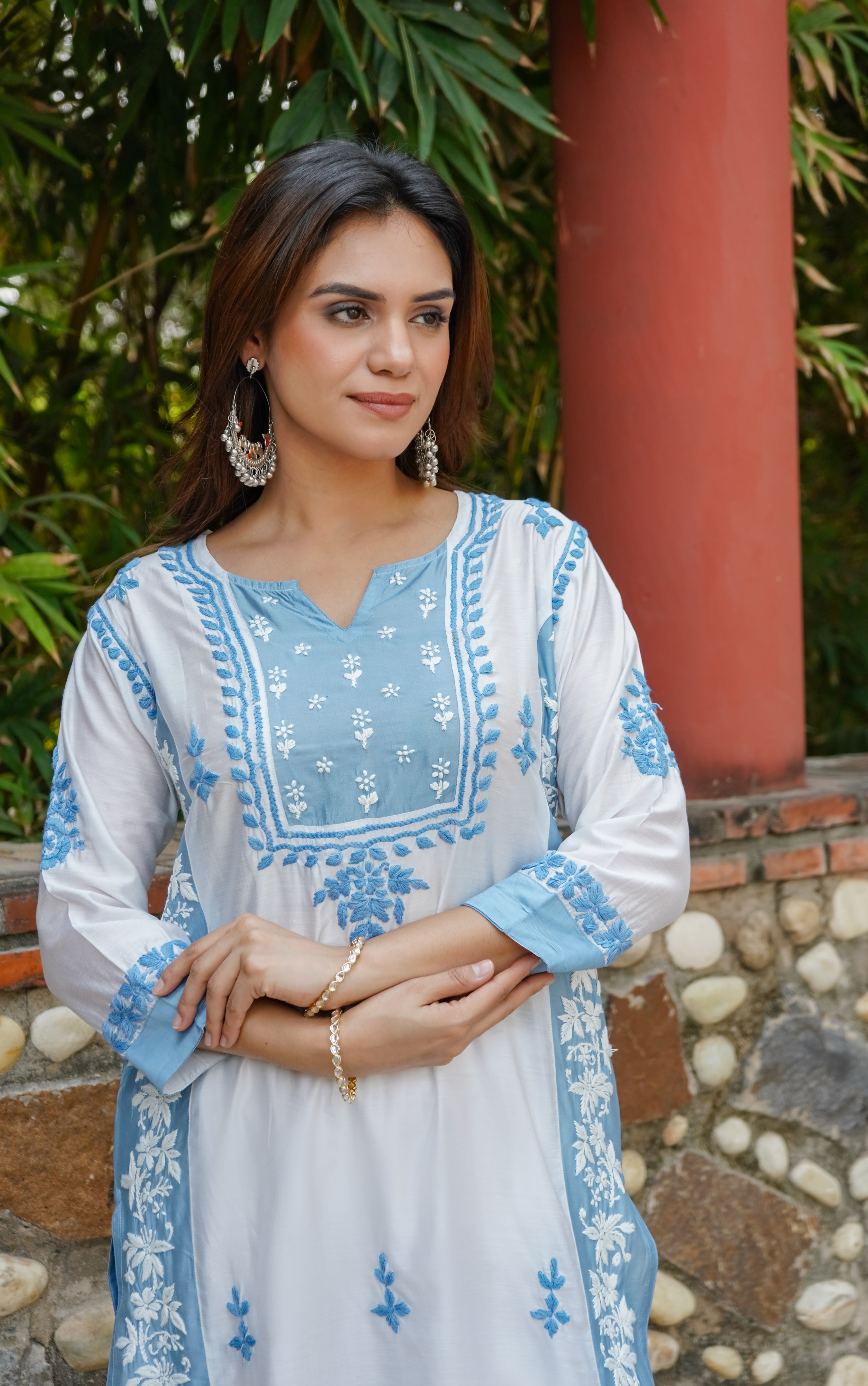 Elegant Saba Chikankari Kurta in Premium Chanderi Silk - White & Blue Embroidered Indian Tunic for Women | Perfect for Festivals, Weddings & Ethnic Occasions