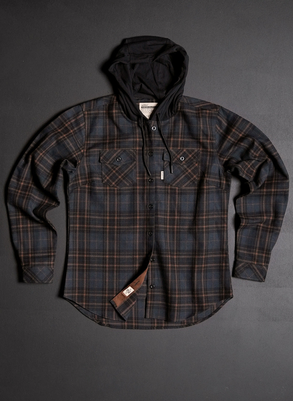 Women's Hooded No Handouts X Forever Flannel Shirt - Navy Blue Plaid Long Sleeve Cozy Shirt for Fall & Winter | Casual Outfit, Layering, Outdoor Activities