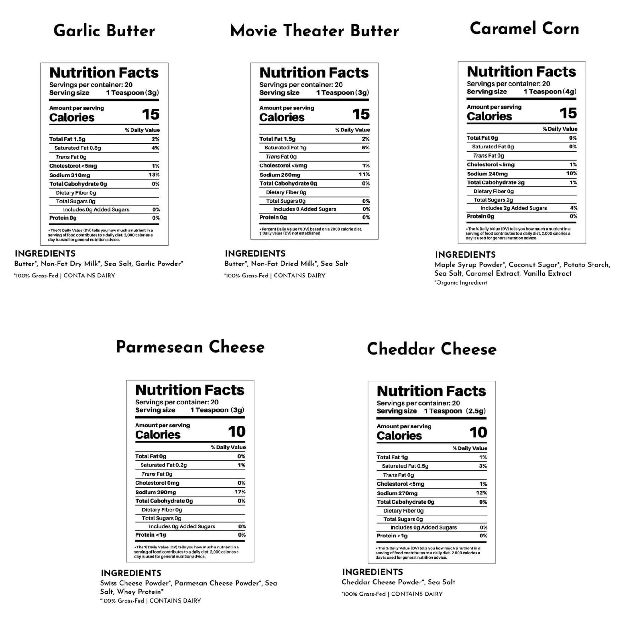 Just Ingredients Popcorn Salts Variety Pack - Gluten Free, Cheddar & Parmesan Cheese, Garlic Seasoning - MSG Free Popcorn Seasoning for Microwave, Movie Nights & Snack Time