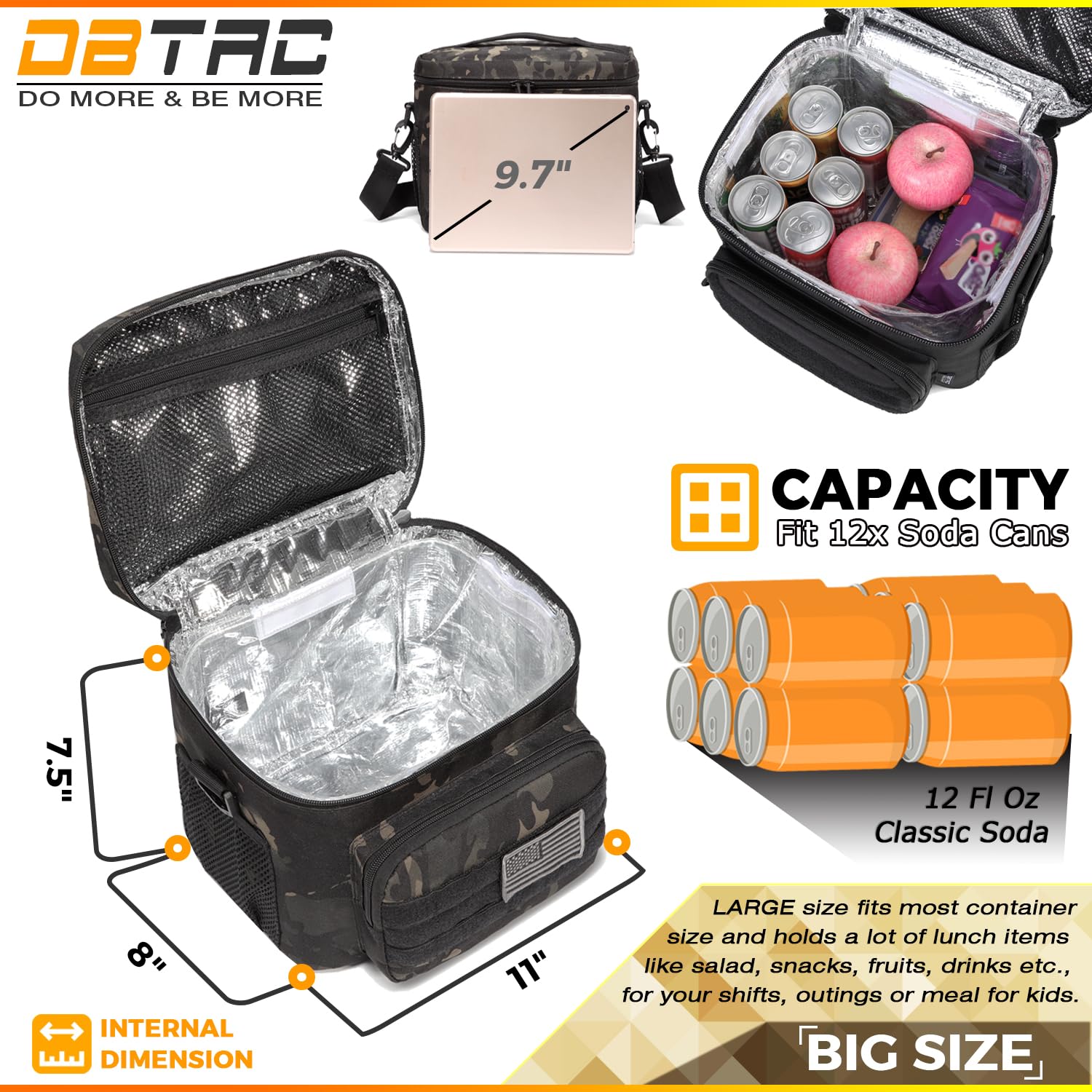 Tactical Insulated Lunch Bag for Men & Women - 12 Can Capacity, 9L Leakproof Cooler Tote for Work, Office, Outdoor & Travel | Soft Easy-Clean Liner (Black Camo) | Perfect for Camping, Hiking, Picnics & Daily Commute