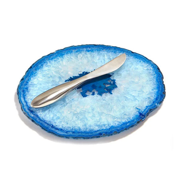 Premium Ita Cheese Plate & Forma Spreader Set - Azure Agate & Silver Cheese Board with Knife - Perfect for Wine Tasting, Charcuterie, Entertaining & Gifts