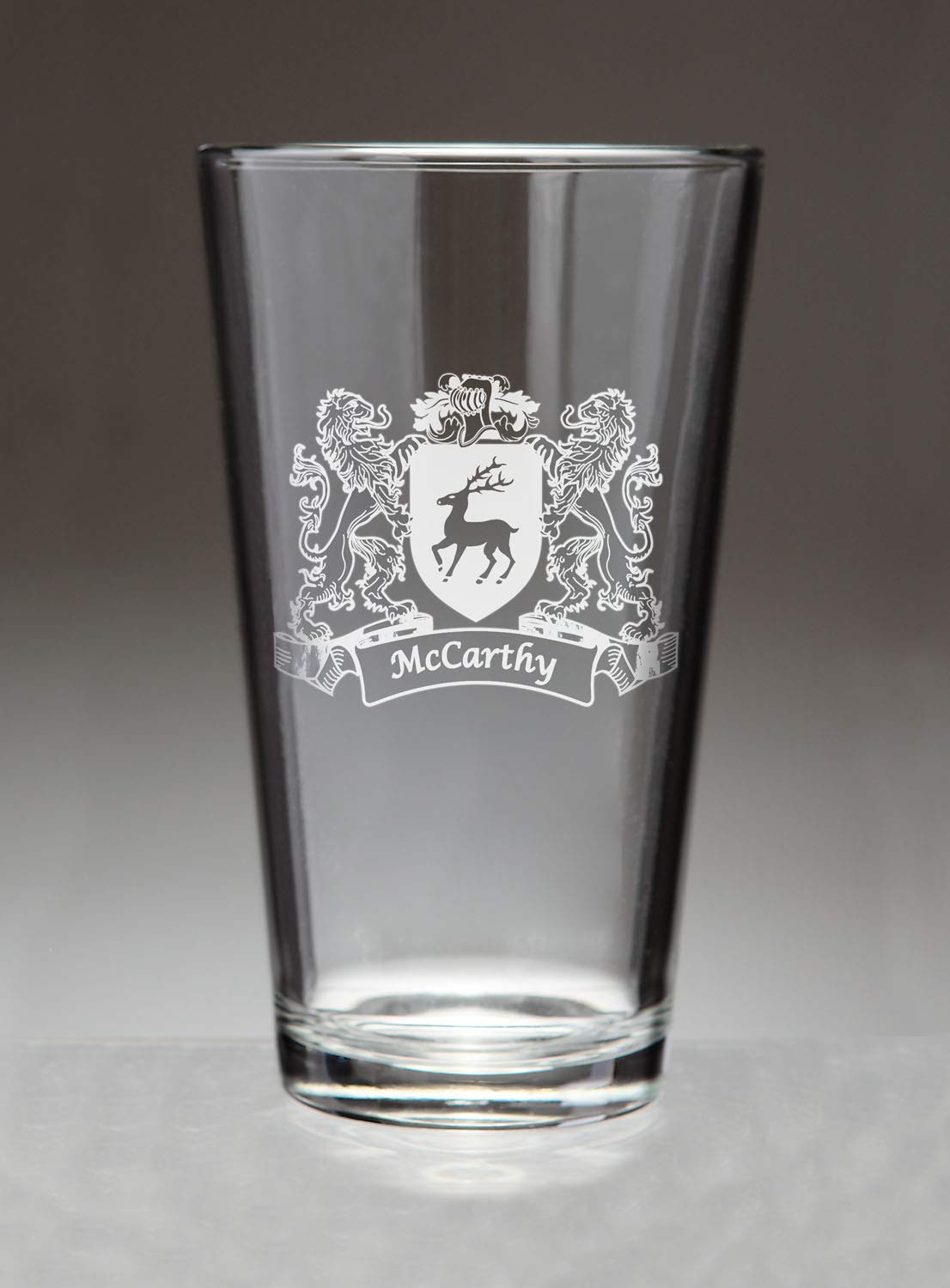 McCarthy Irish Coat of Arms Pint Glasses - Sand Etched Beer Mugs for St. Patrick's Day, Irish Pub, Home Bar & Gifts for Men - Set of 4 Traditional Irish Drinking Glasses