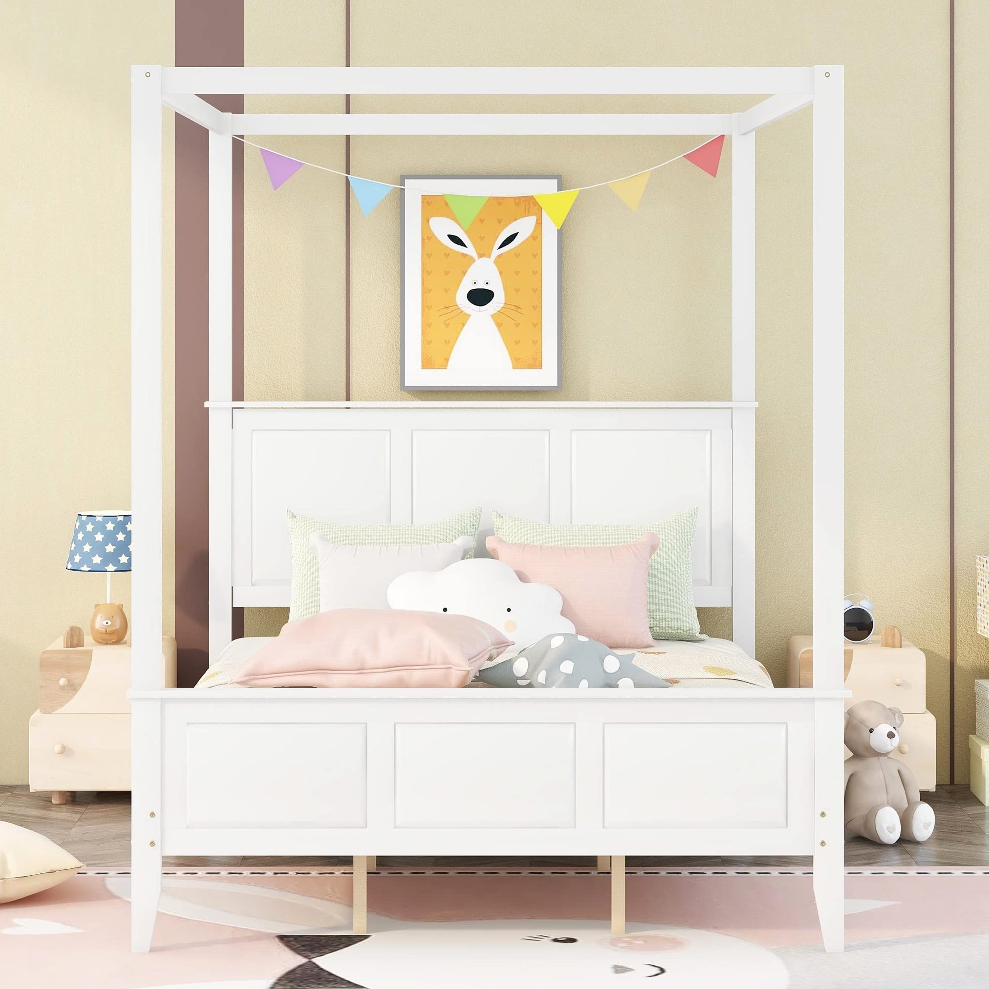 Harper & Bright Designs Queen Size Wooden Canopy Bed Frame with Headboard & Footboard - No Box Spring Needed, White - Perfect for Teens & Adults Bedroom, Guest Room, or Master Suite Decor