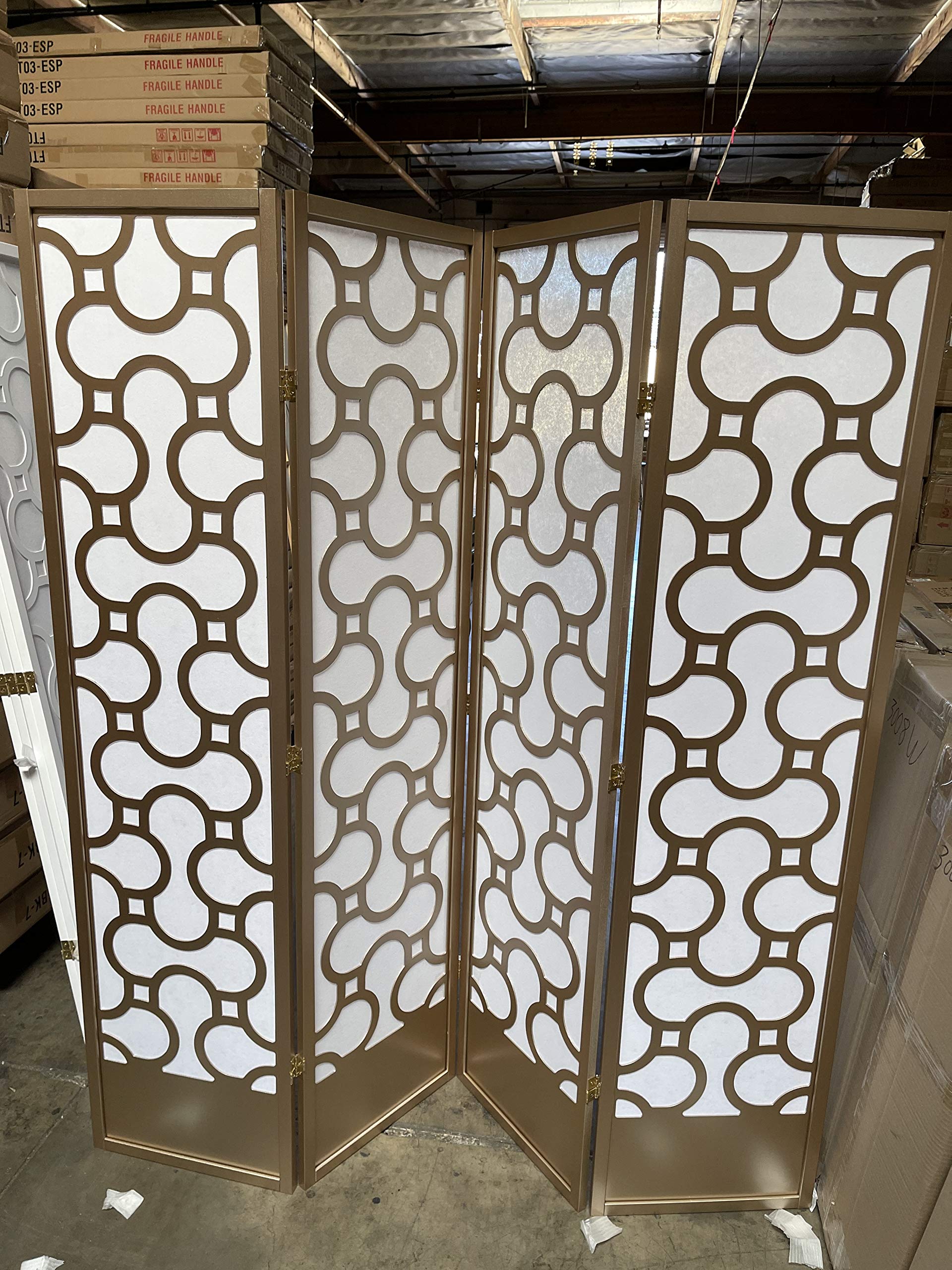 Premium Square Furniture KINYAKU Design 3-10 Panel Folding Room Divider Screen - Gold Finish (4 Panels) for Home Office, Living Room & Bedroom Privacy