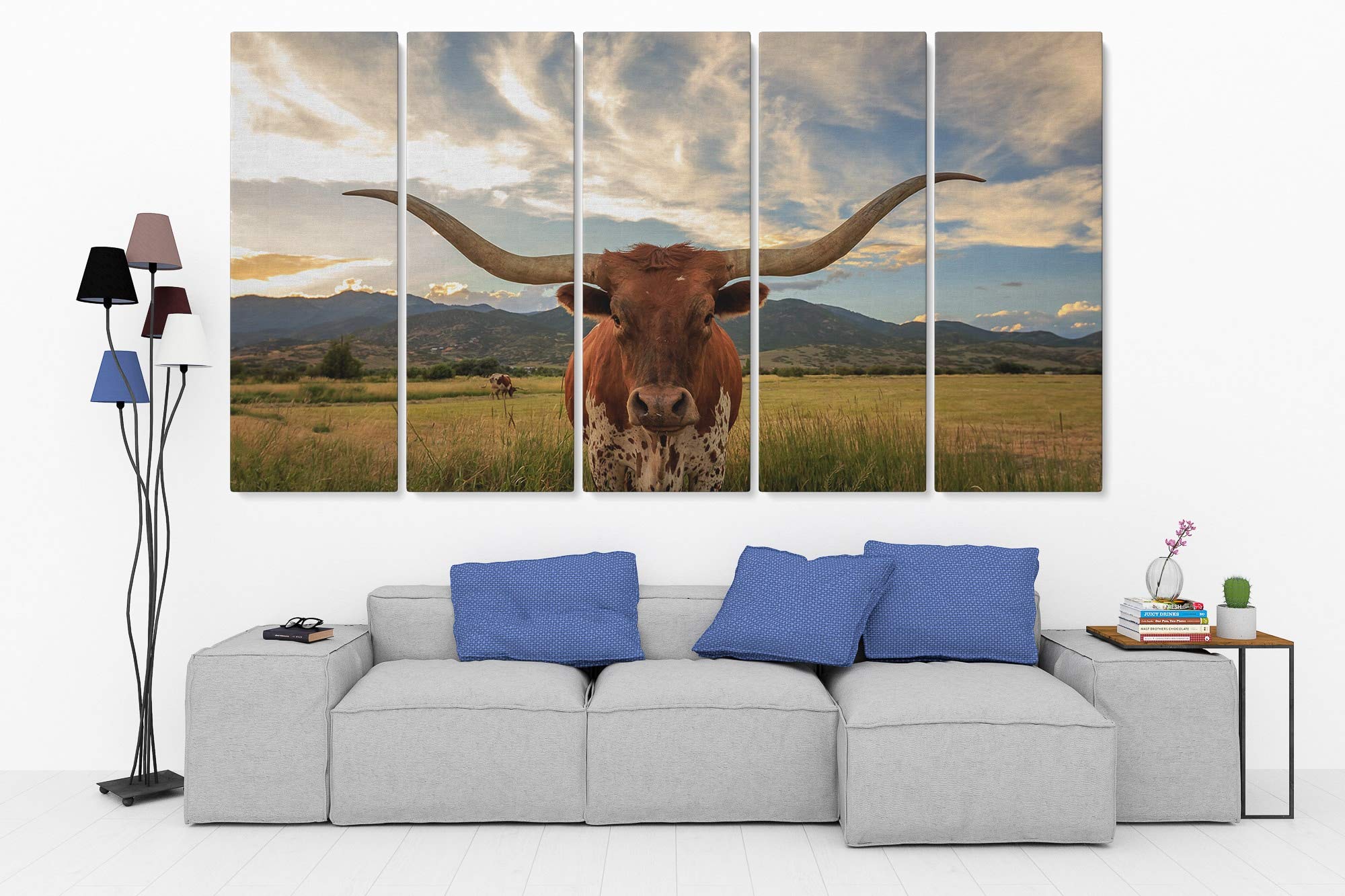 Texas Longhorn Cow Steer Wildlife Canvas Wall Art - 5 Piece Mega Set for Western Home Decor & Ranch Style Living Room
