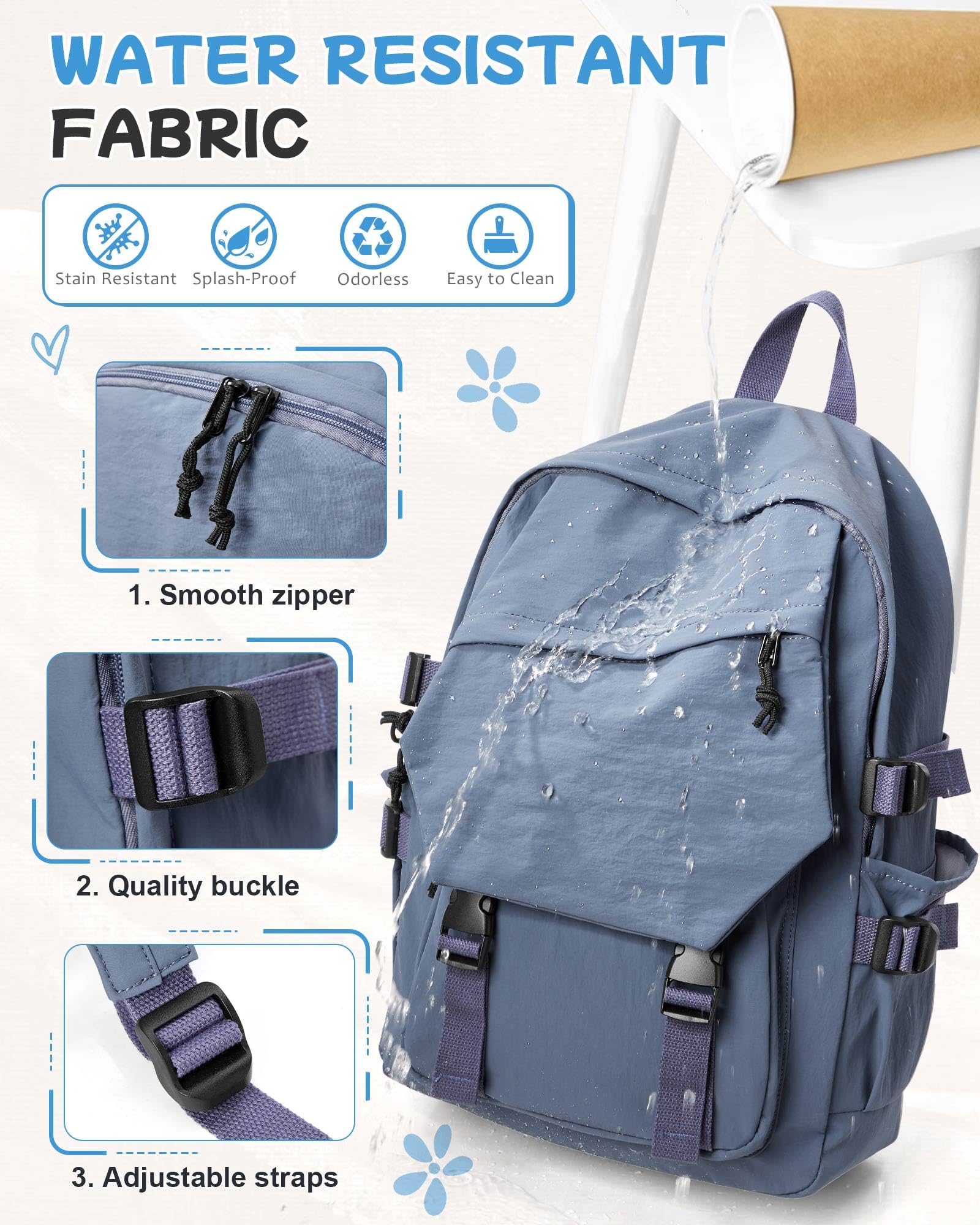 Blue Waterproof School Backpack for Girls & Boys - Lightweight Bookbag for Women, Men & College Students - Travel Rucksack & Casual Daypack with Laptop Compartment - Perfect for School, Work & Outdoor Adventures