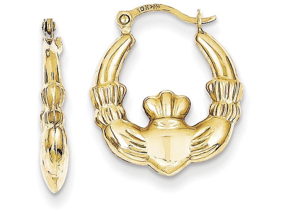 10k Yellow Gold Claddagh Hollow Hoop Earrings for Women - Irish Celtic Love Friendship Loyalty Jewelry - Perfect for St. Patrick's Day, Weddings & Gifts