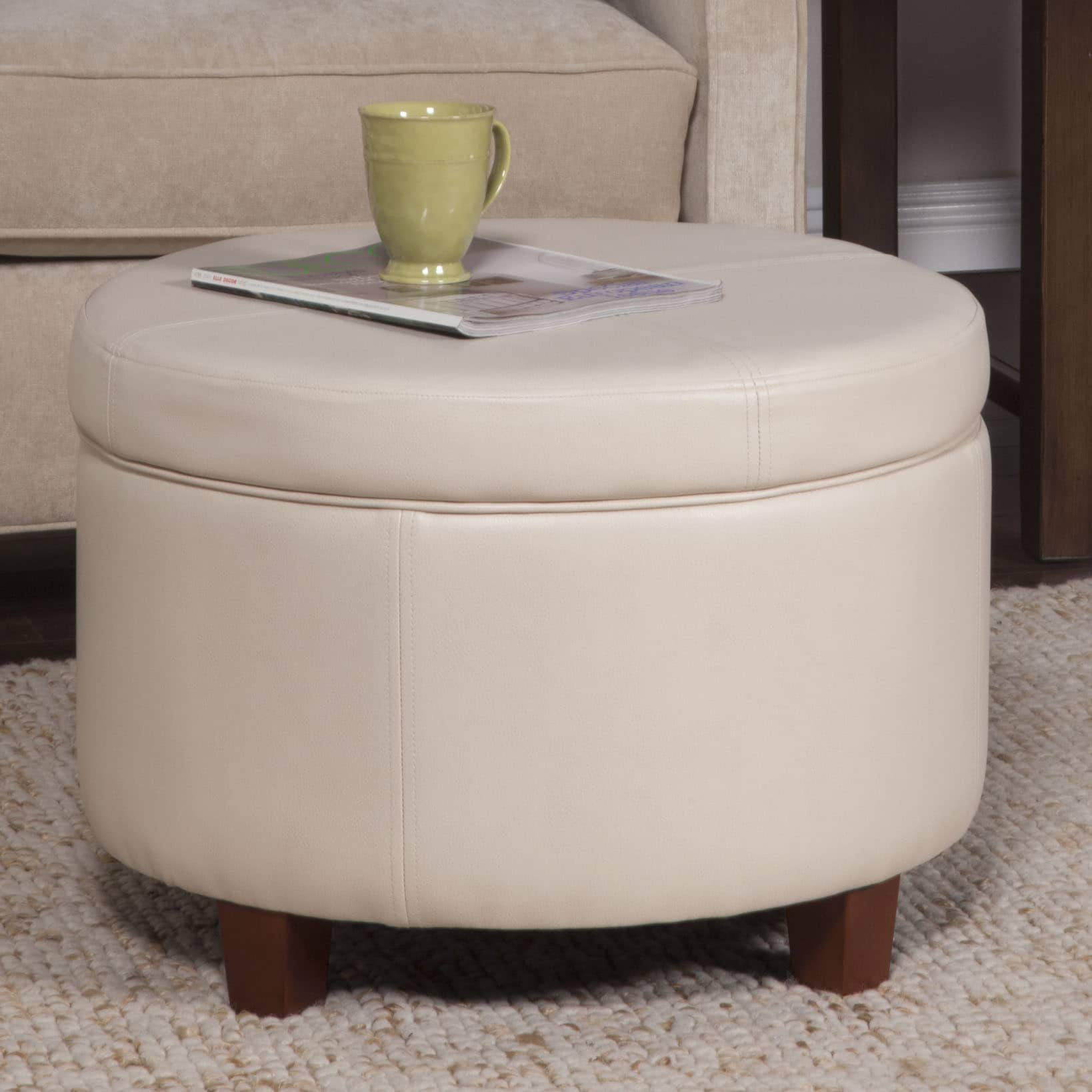 Large Ivory Faux Leather Round Storage Ottoman with Wood Base - Cream Solid Transitional Style Footstool, Pouf & Seat with Foam Cushion - Perfect for Living Room, Bedroom & Home Decor