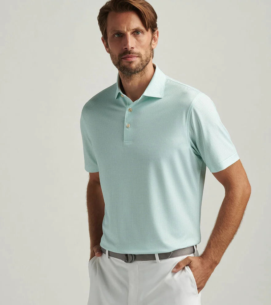 Peter Millar Men's Orbit Performance Jersey Polo Shirt - Moisture-Wicking, Breathable Golf & Casual Shirt in White/Pear Tart | Perfect for Golf, Office & Summer Outings