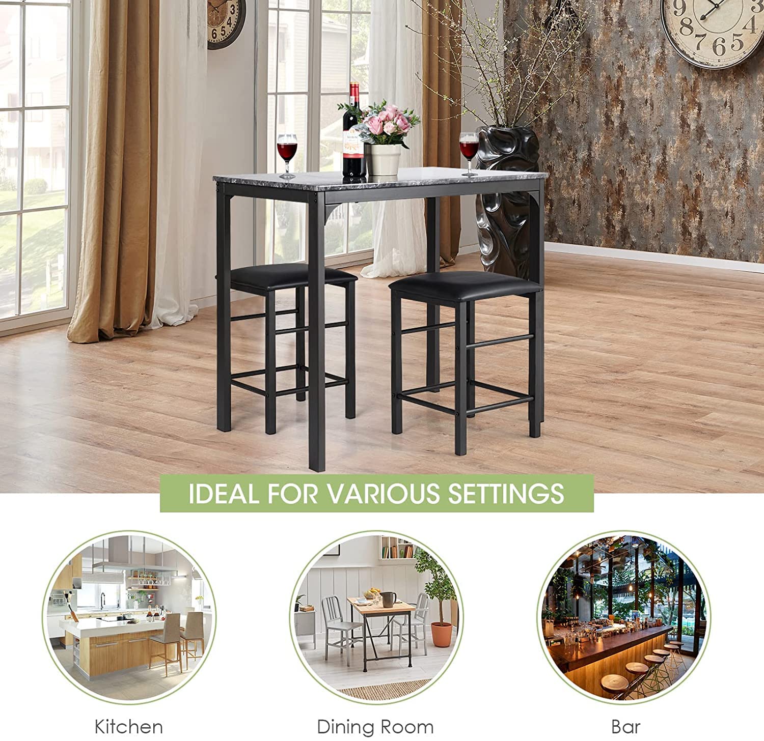 FANTASK 3-Piece Counter Height Dining Table Set for 2 - Small Kitchen Table with 2 Faux Leather Backless Stools - Space-Saving Design for Apartments, Kitchens & Bars (Black) - Perfect for Breakfast Nooks, Small Dining Areas & Studio Apartments