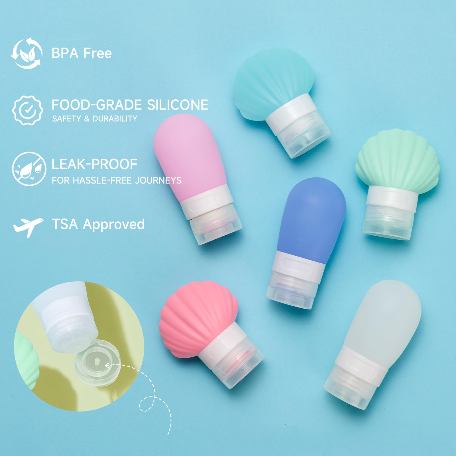 Leak Proof Squeezable Silicone Travel Bottles Set of 3 (1.35oz/40ml) - Reusable Refillable TSA Approved Toiletries Containers for Shampoo, Lotion & Cosmetics | Shell Shaped Eco-Friendly Design for Air Travel, Gym & Vacation Essentials