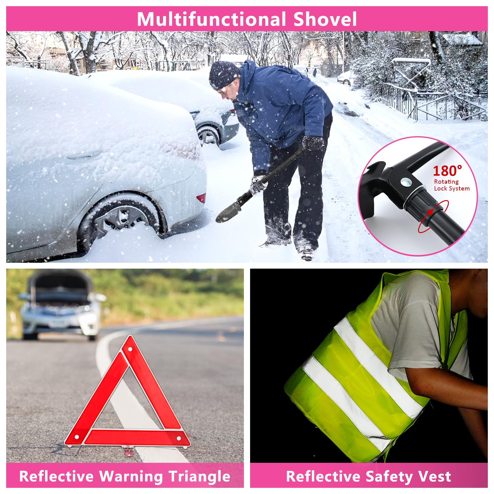 Portable Car Emergency Kit with Air Compressor - Roadside Assistance & Winter Travel Safety Kit for Cars, Trucks (Pink) | Essential for Road Trips, Winter Driving & Vehicle Emergencies
