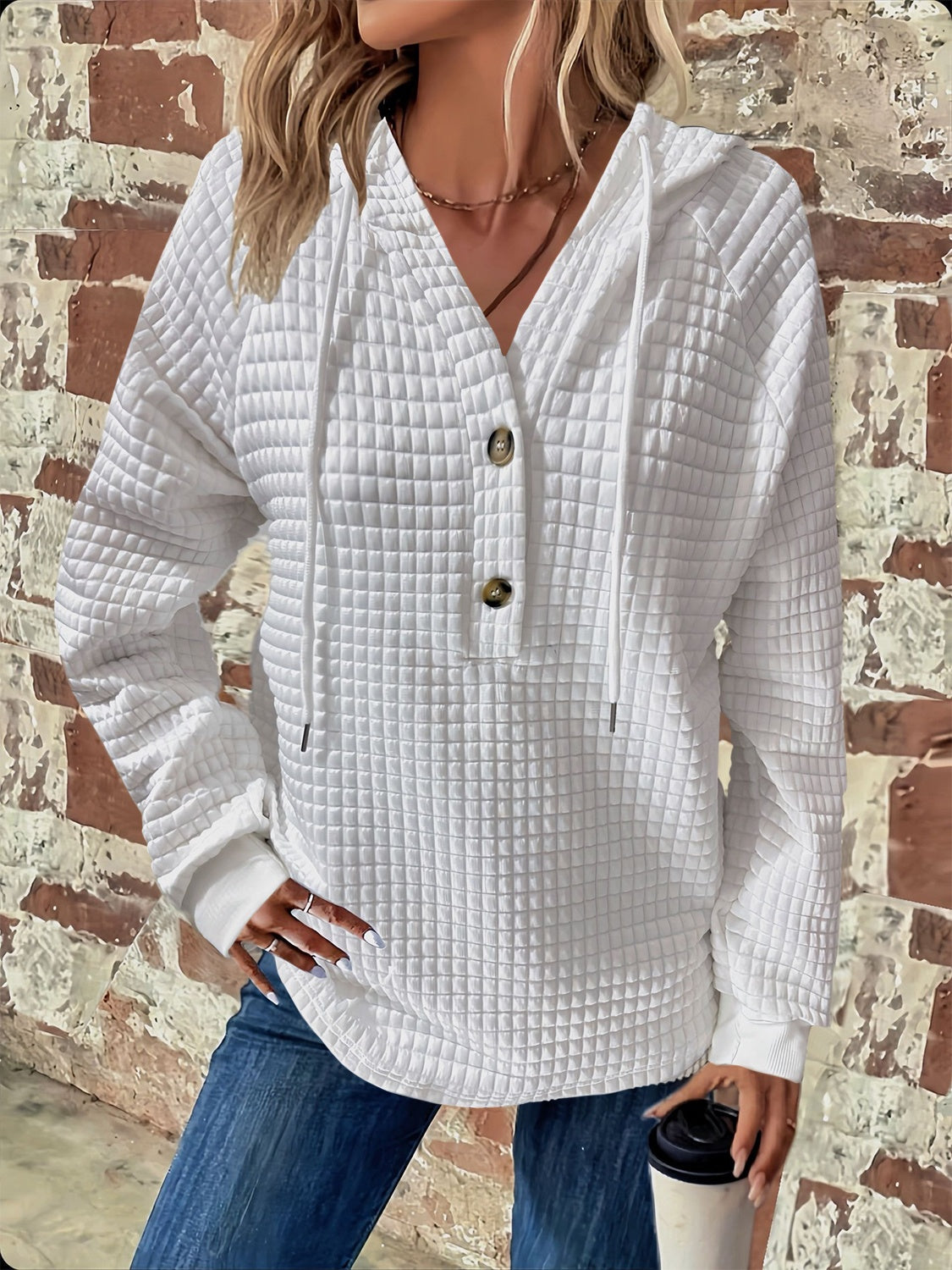 Full Size Textured Button Detail Drawstring Long Sleeve Hoodie for Men & Women - Cozy Casual Wear for Fall Winter Outdoor Activities
