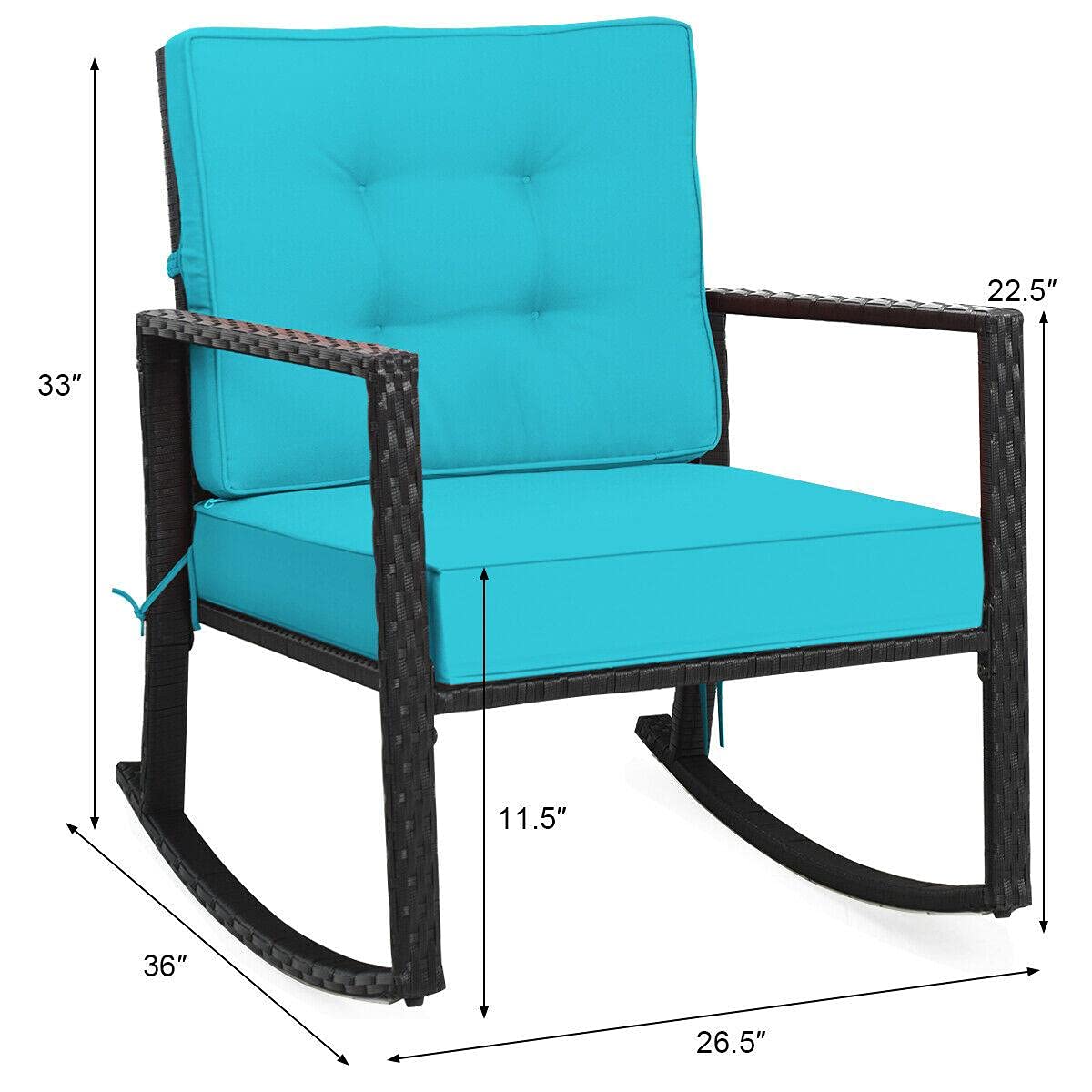 **Outdoor Rattan Rocking Chair with Turquoise Cushion - Patio Glider Wicker Rocker for Garden, Porch, or Camping - Comfortable Mikalo Chair for Relaxing & Lounging**