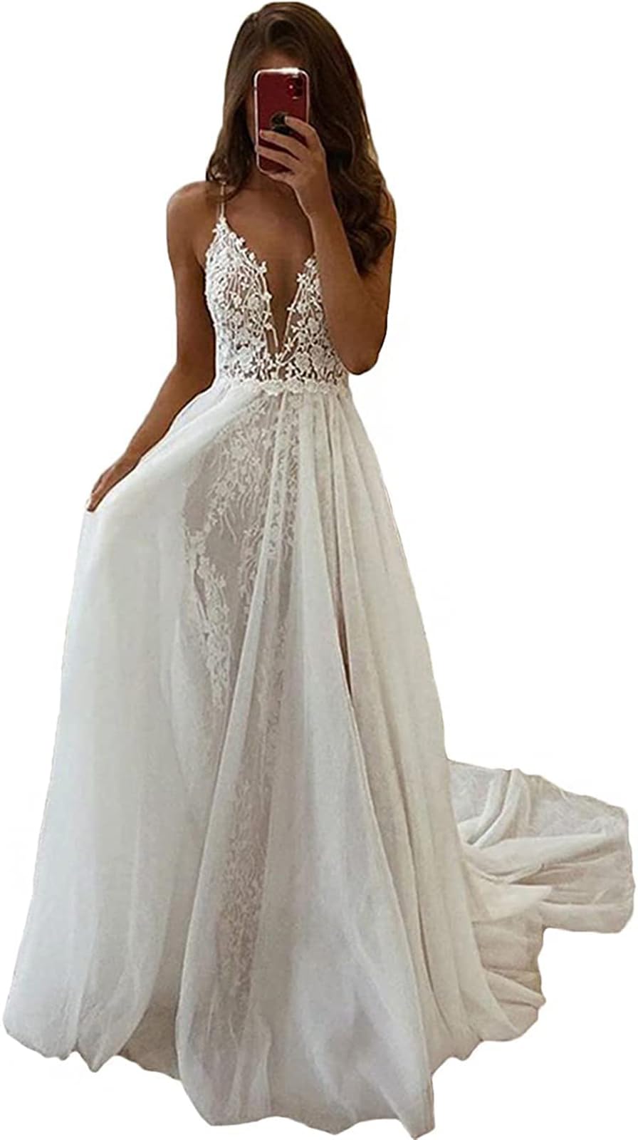 POMUYOO 2024 Women's Beach Wedding Dress - Elegant Lace Appliques Bridal Gown Style H | Perfect for Destination Weddings, Beach Elopements & Summer Bridal Events
