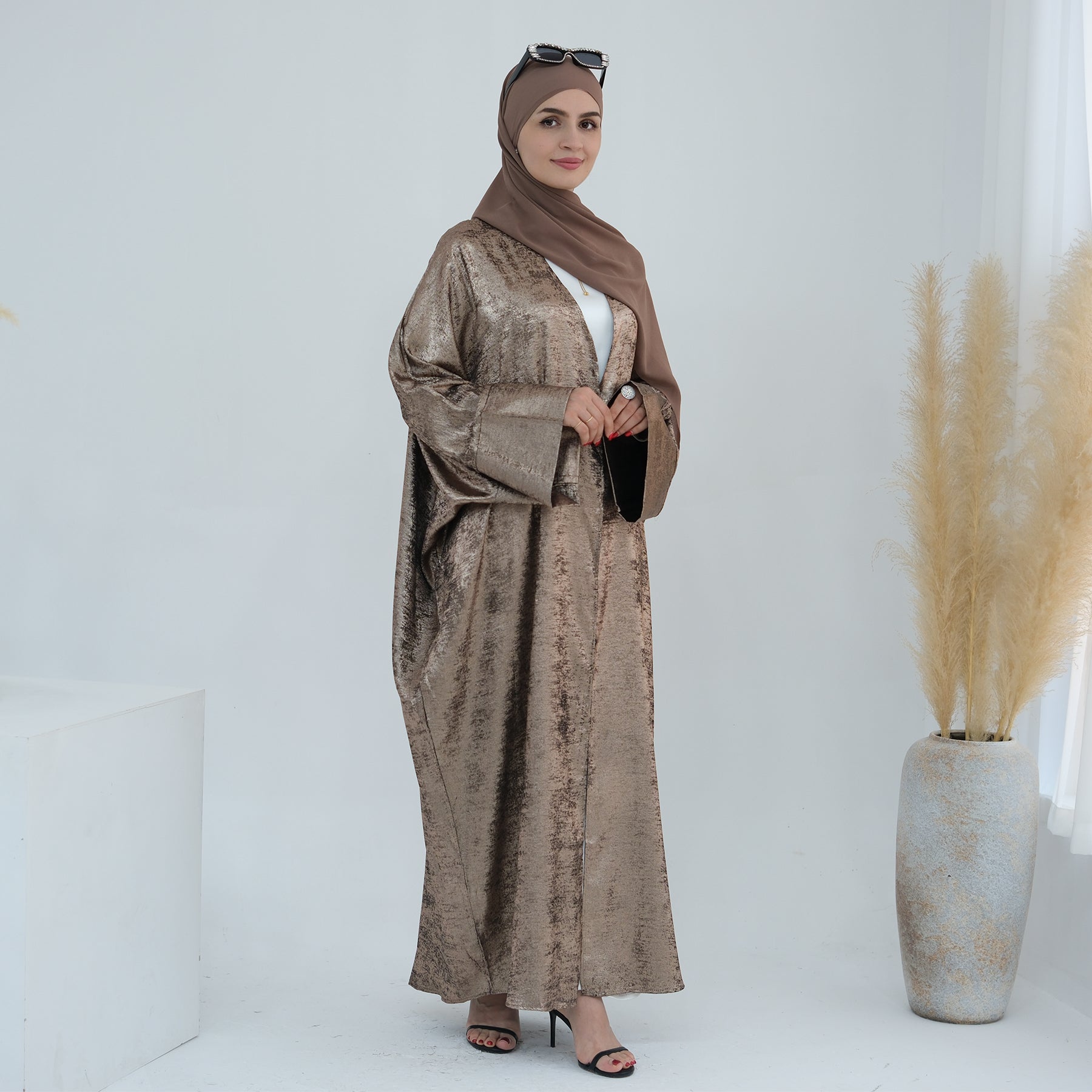 Draya Shimmer Kimono Open Abaya - Elegant Brown Islamic Robe for Women | Perfect for Prayer, Eid, and Special Occasions