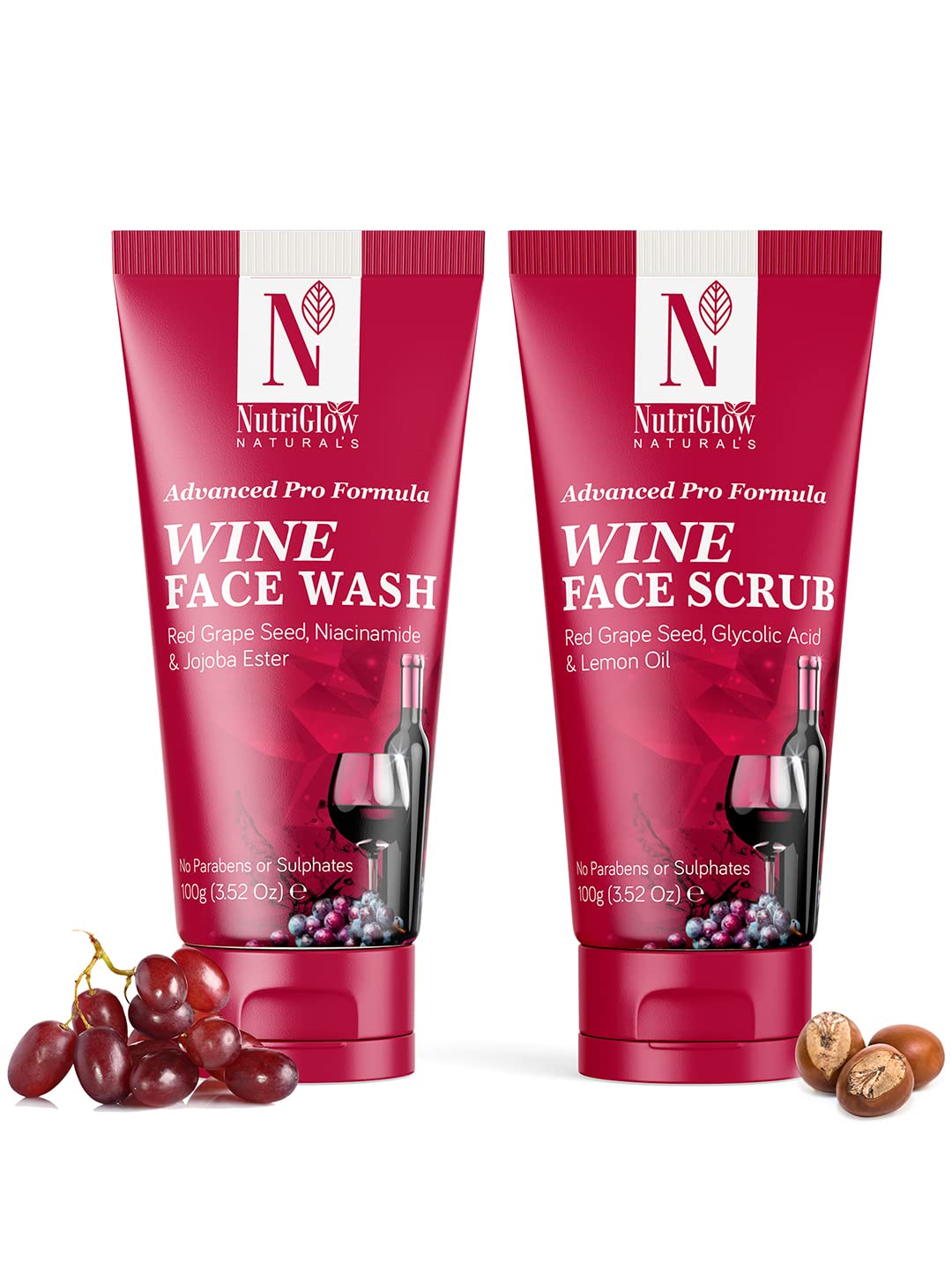 NutriGlow NATURAL'S Wine Face Wash & Facial Scrub Set (100g Each) - Anti-Aging, Wrinkle Reduction Skincare for Women & Men | Perfect for Daily Cleansing & Exfoliating Routine