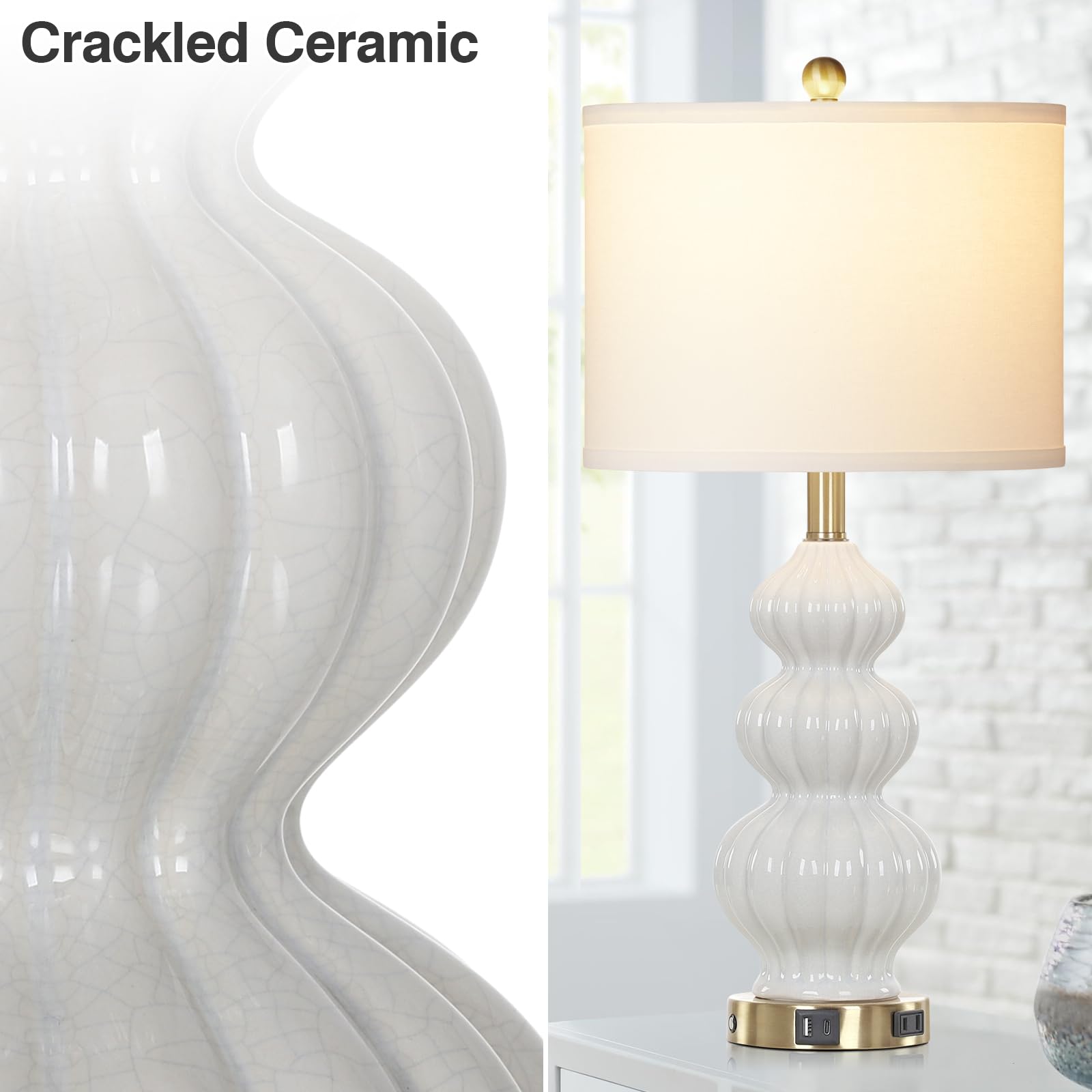 Modern Triple Gourd Ceramic Table Lamps Set of 2 - White USB Bedside Lamps with USB A+C Ports & AC Outlet, 3-Way Touch Control Nightstand Lighting for Bedroom, Living Room, Office - Perfect for Reading, Working & Home Decor