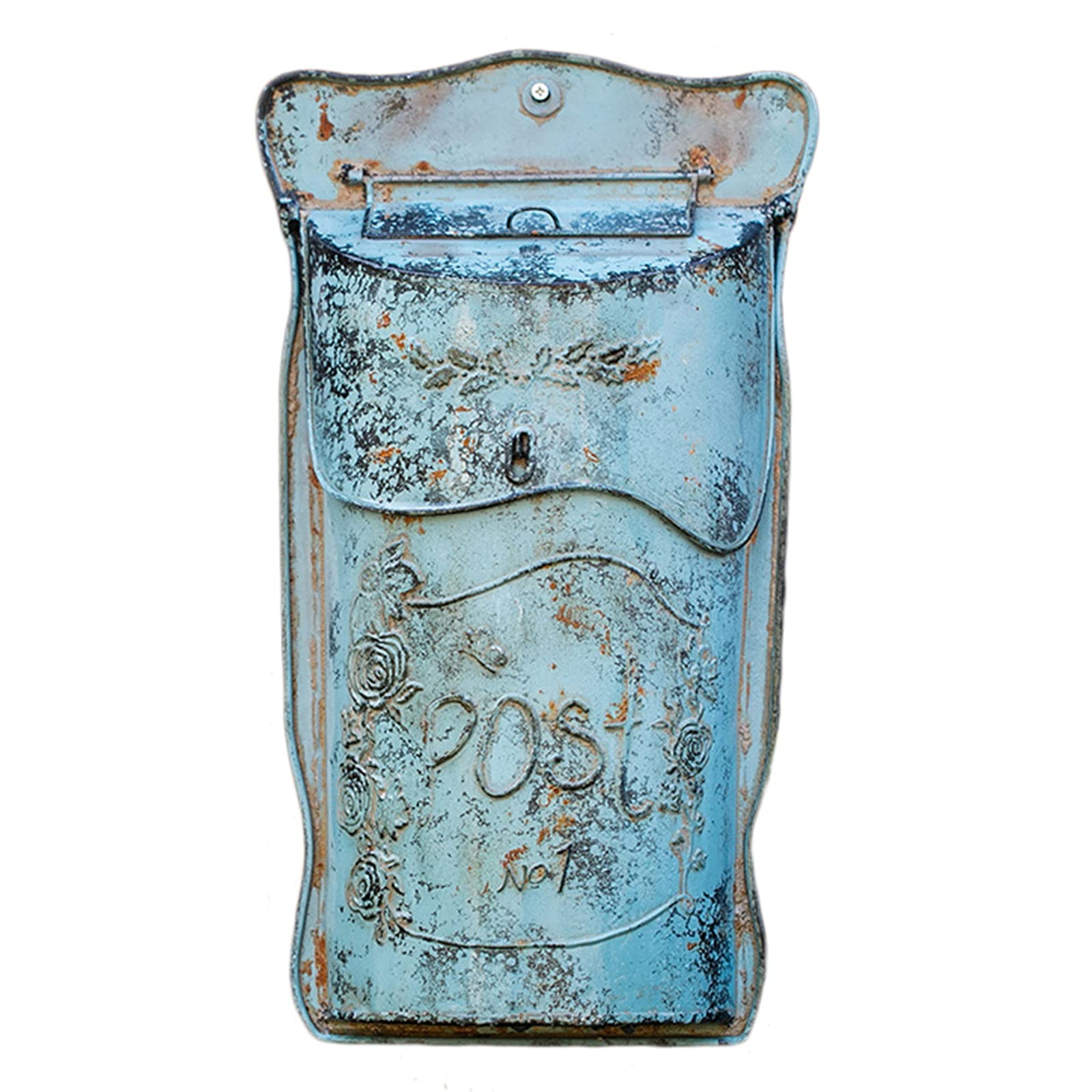 Vintage Cast Iron Wall Mount Mailbox - Rustic Farmhouse Outdoor Letter Box with Distressed Blue Finish - Perfect for Porch, Garden, and Countryside Home Decor