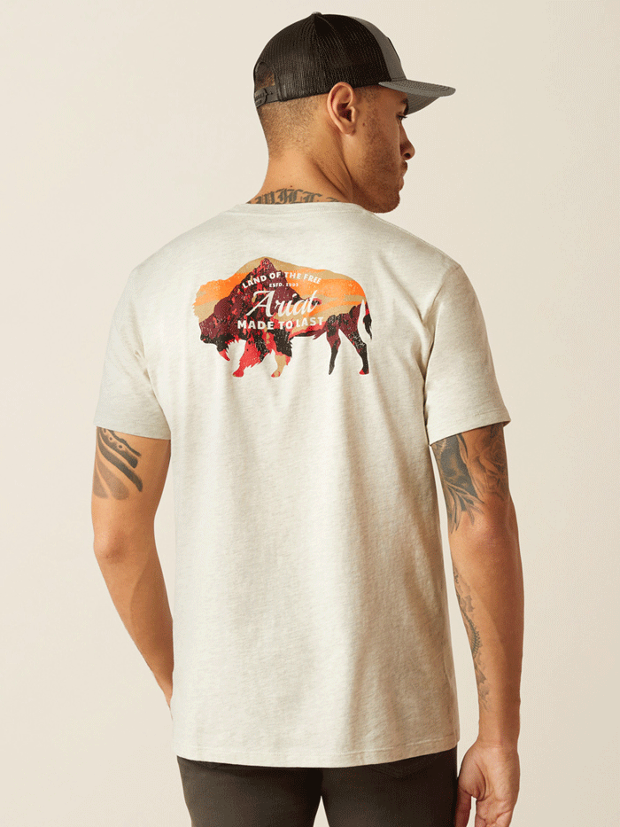 Ariat Men's Bison Landscape T-Shirt - Comfortable Oatmeal Heather Cotton Tee for Outdoor Adventures & Casual Wear