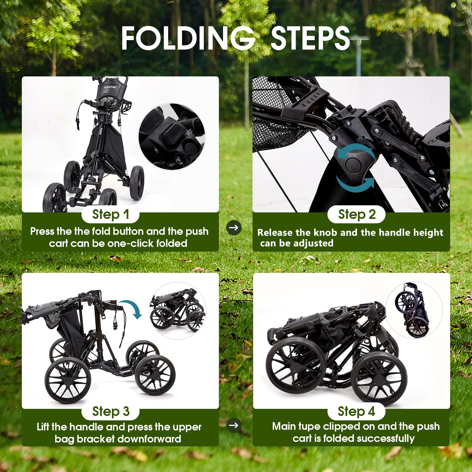 4-Wheel Folding Golf Push Cart with Cup Holder, Umbrella Holder & Cooler Bag - One-Click Foldable Design, Adjustable Handle Height - Perfect for Walking Golfers on the Course or Driving Range