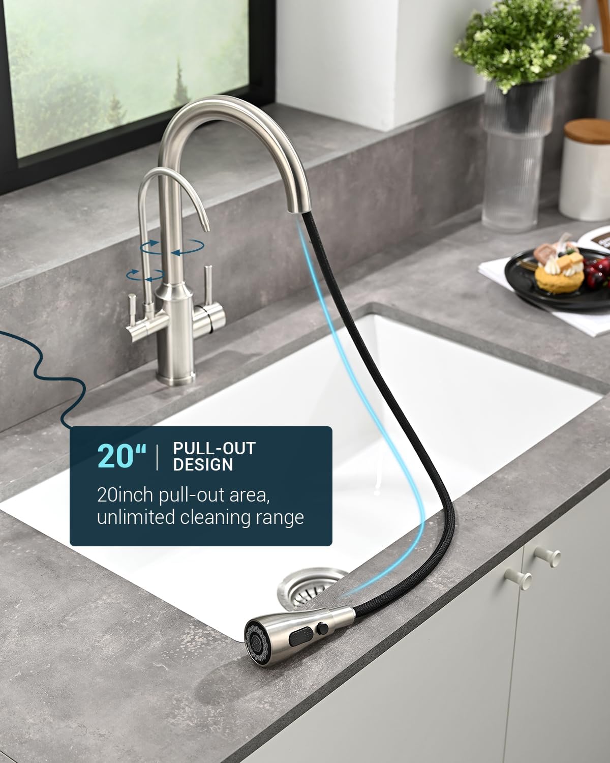 APPASO 3-in-1 Pull Out Kitchen Faucet with Sprayer & Water Filter - High Arch 2 Handle Brushed Nickel Sink Faucet for Modern Home Kitchen (Perfect for Cooking, Washing Dishes & Filling Large Pots)