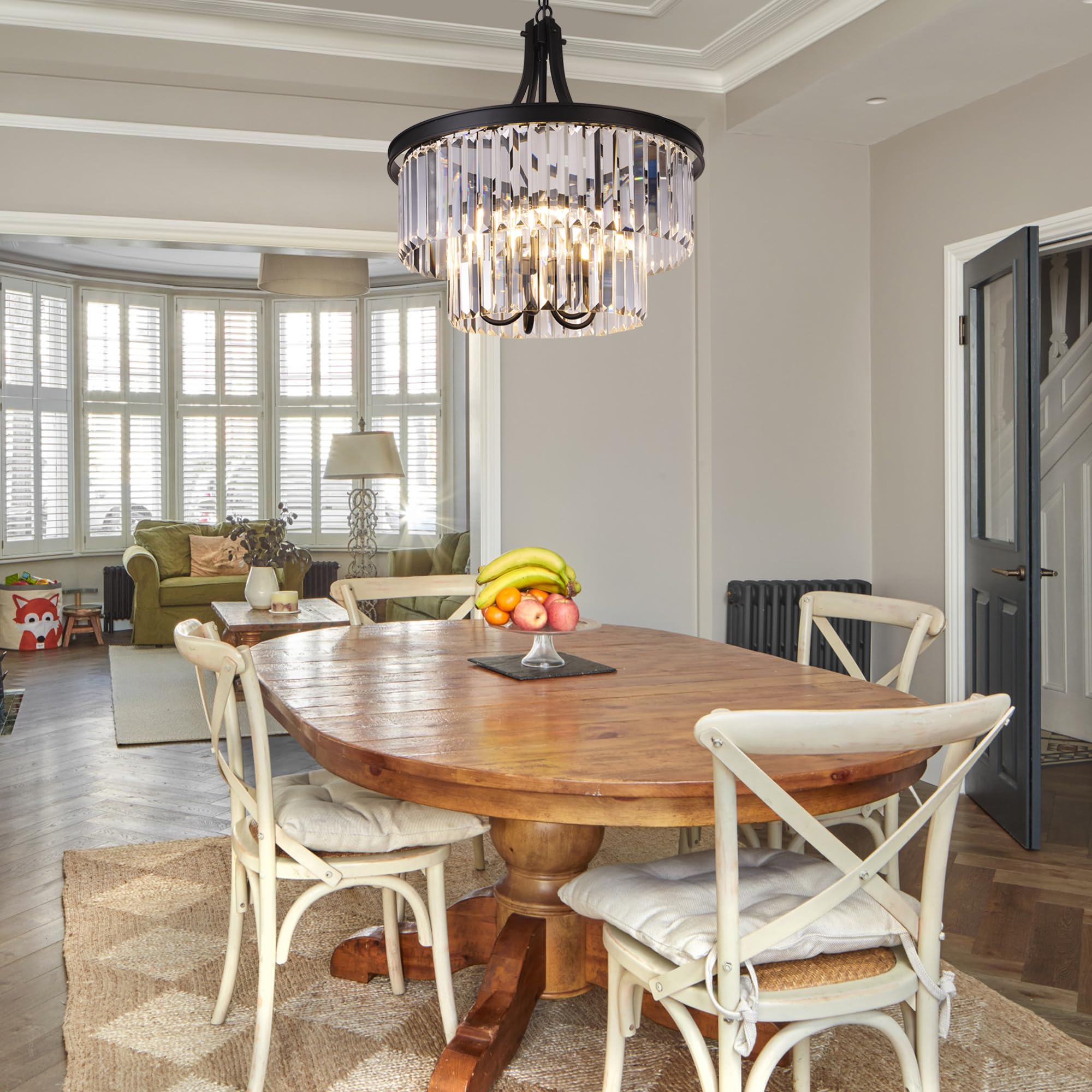 Wellmet Modern 5-Light Crystal Chandelier - Black Farmhouse Pendant Light with Prism Shades for Foyer, Kitchen Island, Dining Room, Living Room & Bedroom | Elegant Ceiling Lighting Fixture for Home Decor