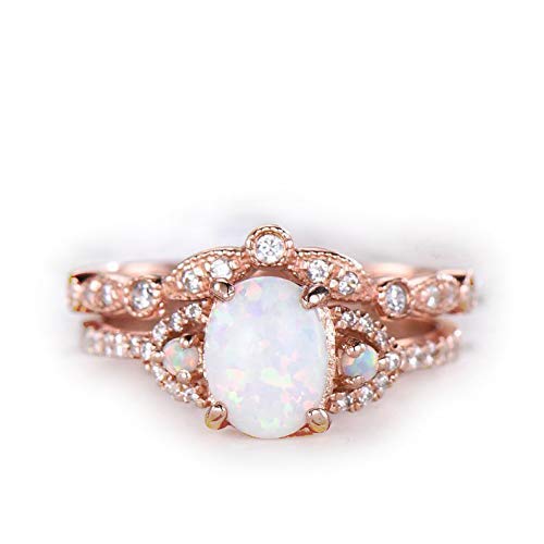 Vintage Opal Rose Gold Engagement Ring - 925 Sterling Silver Wedding Band Set for Women - Anniversary Gift for Wife - Elegant Statement Jewelry for Bridal, Proposal & Special Occasions