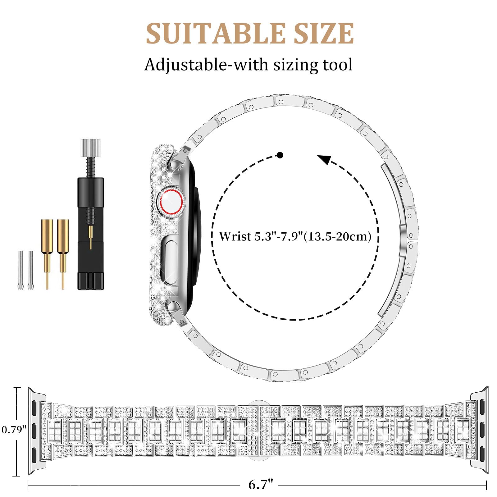 Sparkling Luxury Diamond Apple Watch Band for Women - Compatible with iWatch SE Series 10/9/8/7/6/5/4 & 40/41/42/44/45/46mm - Shiny Metal Case & Charming Strap for Daily Wear, Workouts & Special Occasions