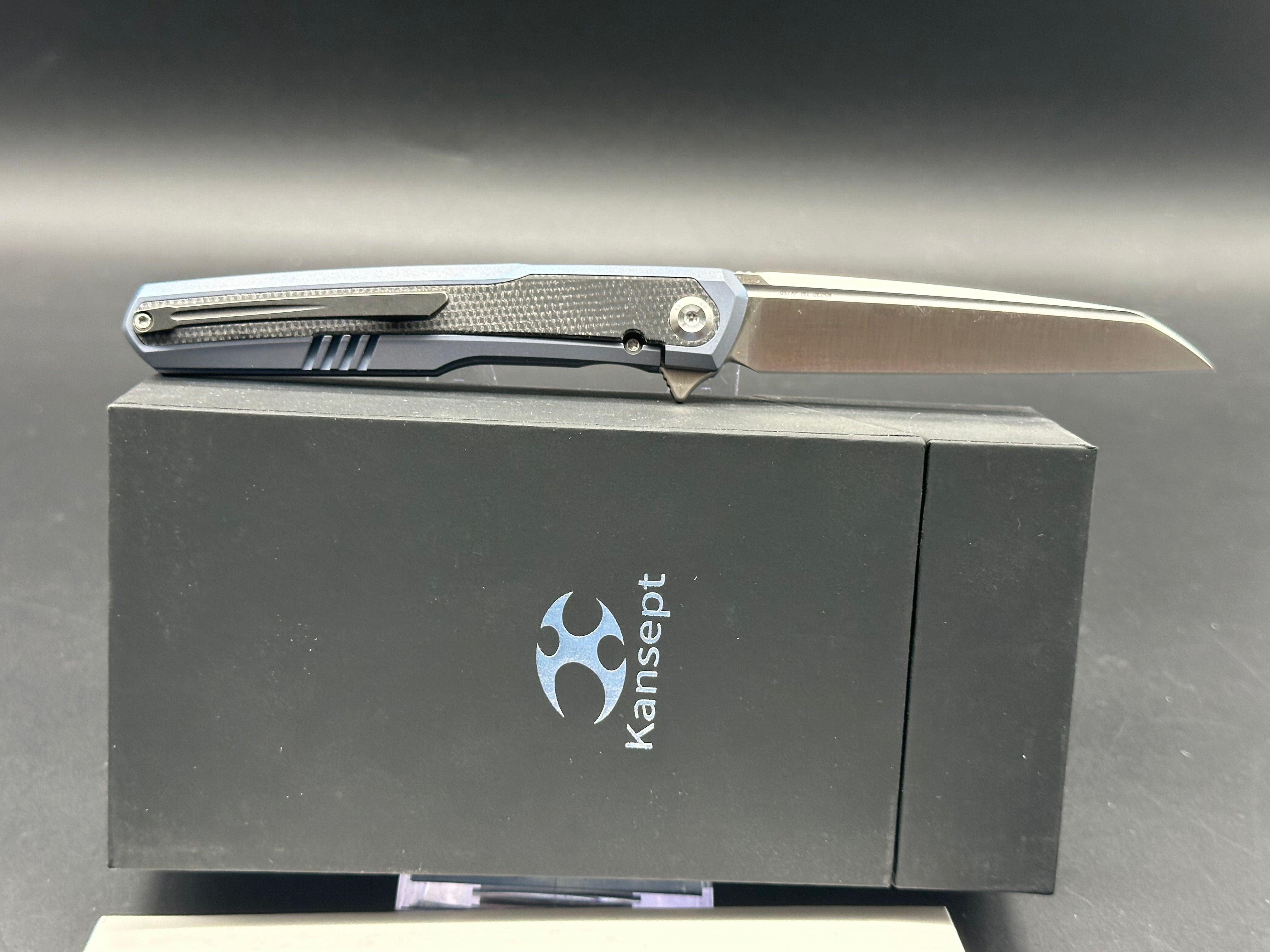 Kansept Arcus Frame Lock Folding Knife - Blue Titanium & Black Micarta Handle, 3.4