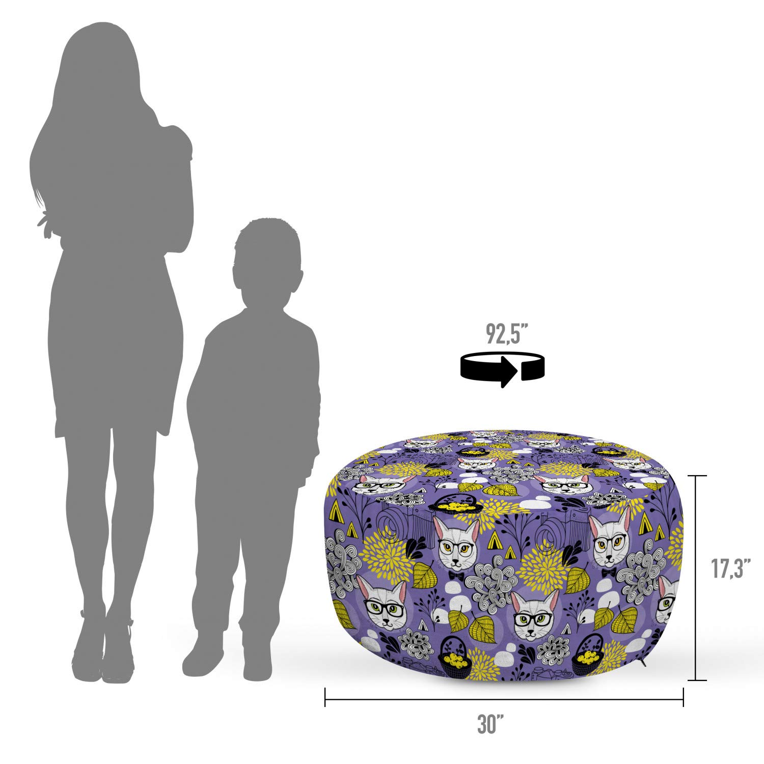 Ambesonne Pop Art Smart Cats Pouf Cover - Purple & Yellow Abstract Design with Autumn Leaves & Cameras, Soft Decorative Fabric Zippered Unstuffed Case (30
