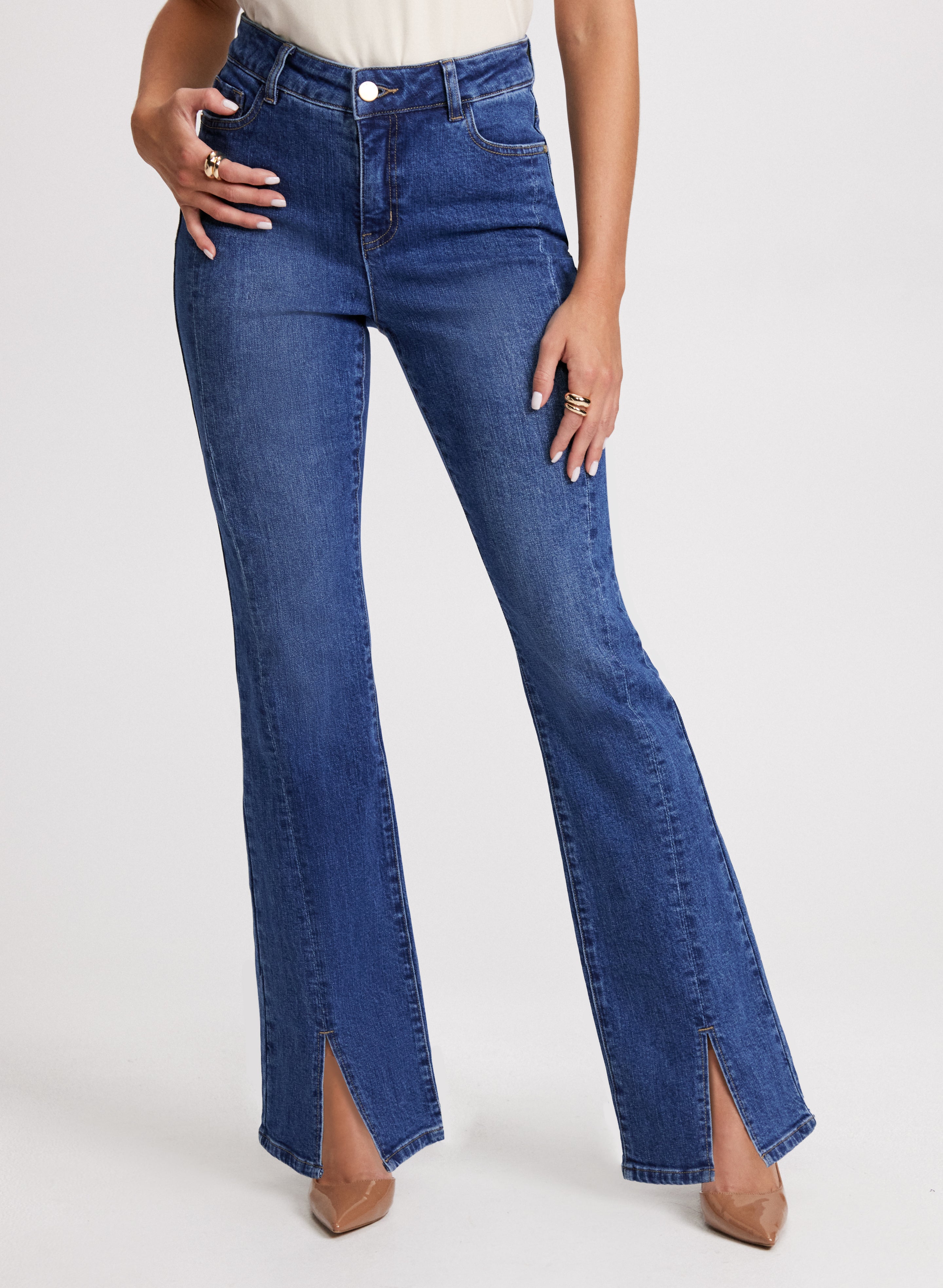 Flared Split Hem Jeans for Women - High Waist Distressed Denim Pants with Bell Bottom Design | Perfect for Casual Outfits, Parties & Retro Fashion