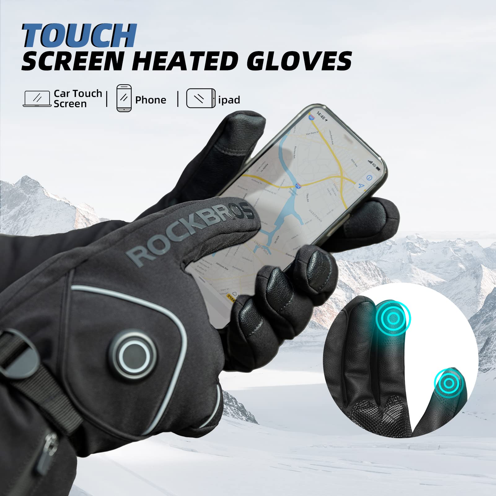 ROCKBROS Electric Heated Gloves for Men & Women - Rechargeable Battery Thermal Mittens, Waterproof & Touchscreen Compatible - Winter Warm Gloves for Cycling, Skiing, Snowboarding & Outdoor Activities in Cold Weather