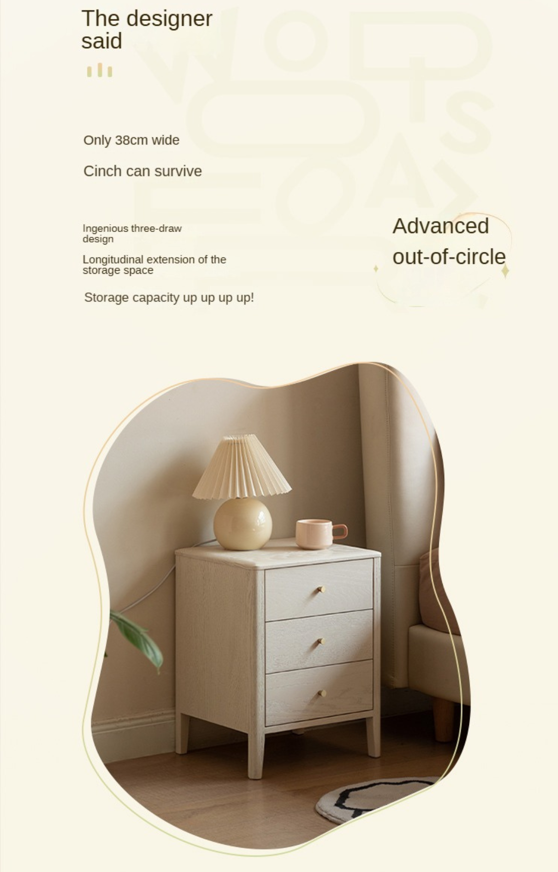 Solid Oak Wood Nightstand - Cream Finish, Modern Bedside Table for Bedroom, Living Room, or Nursery Furniture