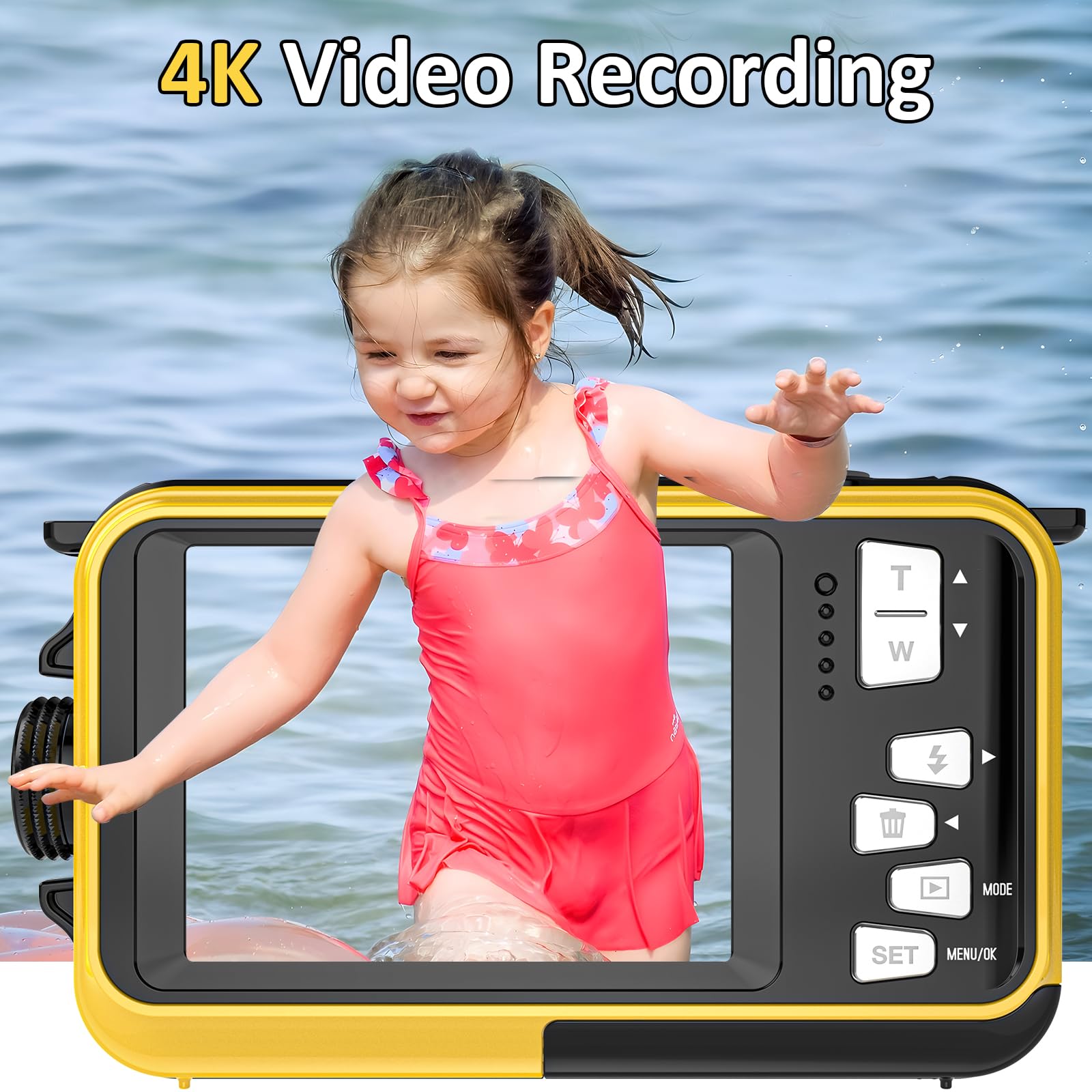 4K Waterproof Digital Camera 56MP Autofocus Dual-Screen Selfie Underwater Camera with 32GB Card - 11FT Depth, Compact Floatable Point & Shoot for Snorkeling, Scuba Diving & Beach Vacations - Includes 1250mAh Rechargeable Battery