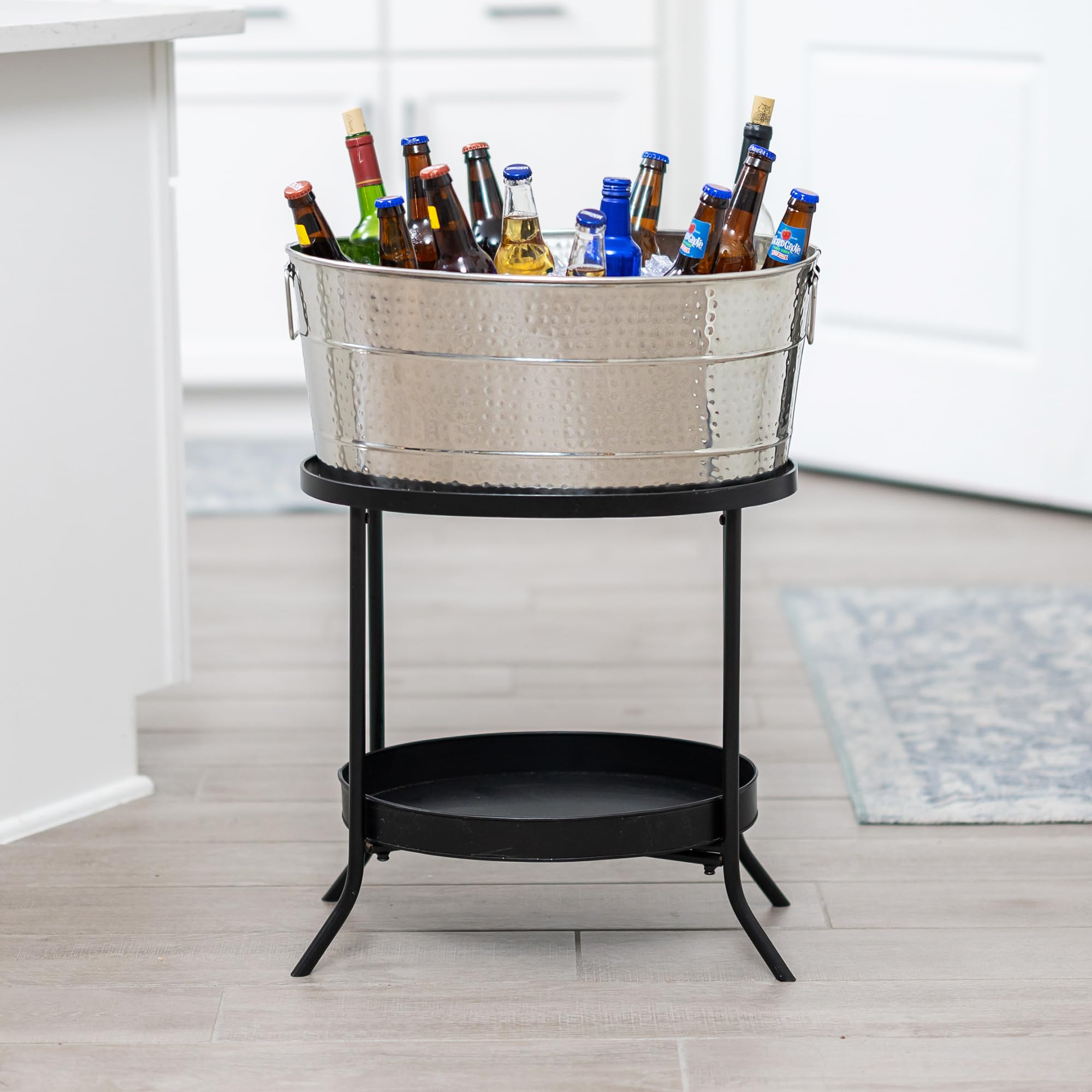 BREKX 25-Quart Aspen Hammered Stainless Steel Beverage Tub with Metal Stand - Premium Ice Bucket & Drink Cooler for Parties, Weddings, BBQs, and Outdoor Events