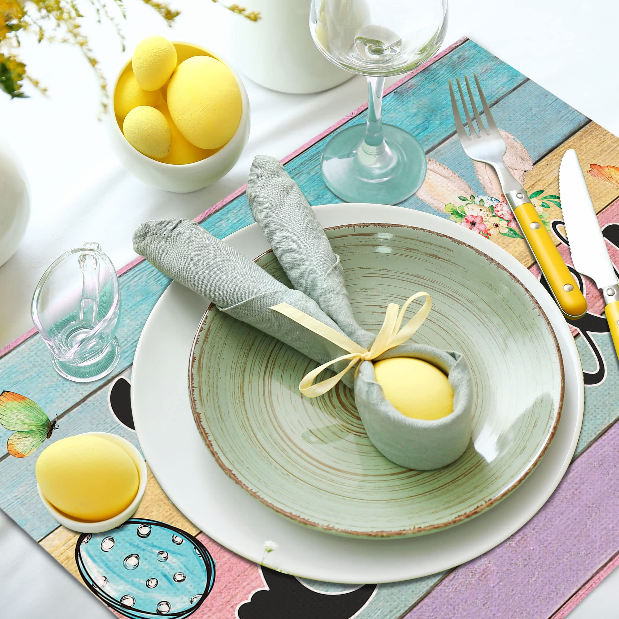 Easter Bunny Placemats Set of 6 - 12x18 Inch Rabbit Pattern Table Mats for Dining - Waterproof Easter Table Decor for Spring Parties, Holiday Dinner & Home Decoration