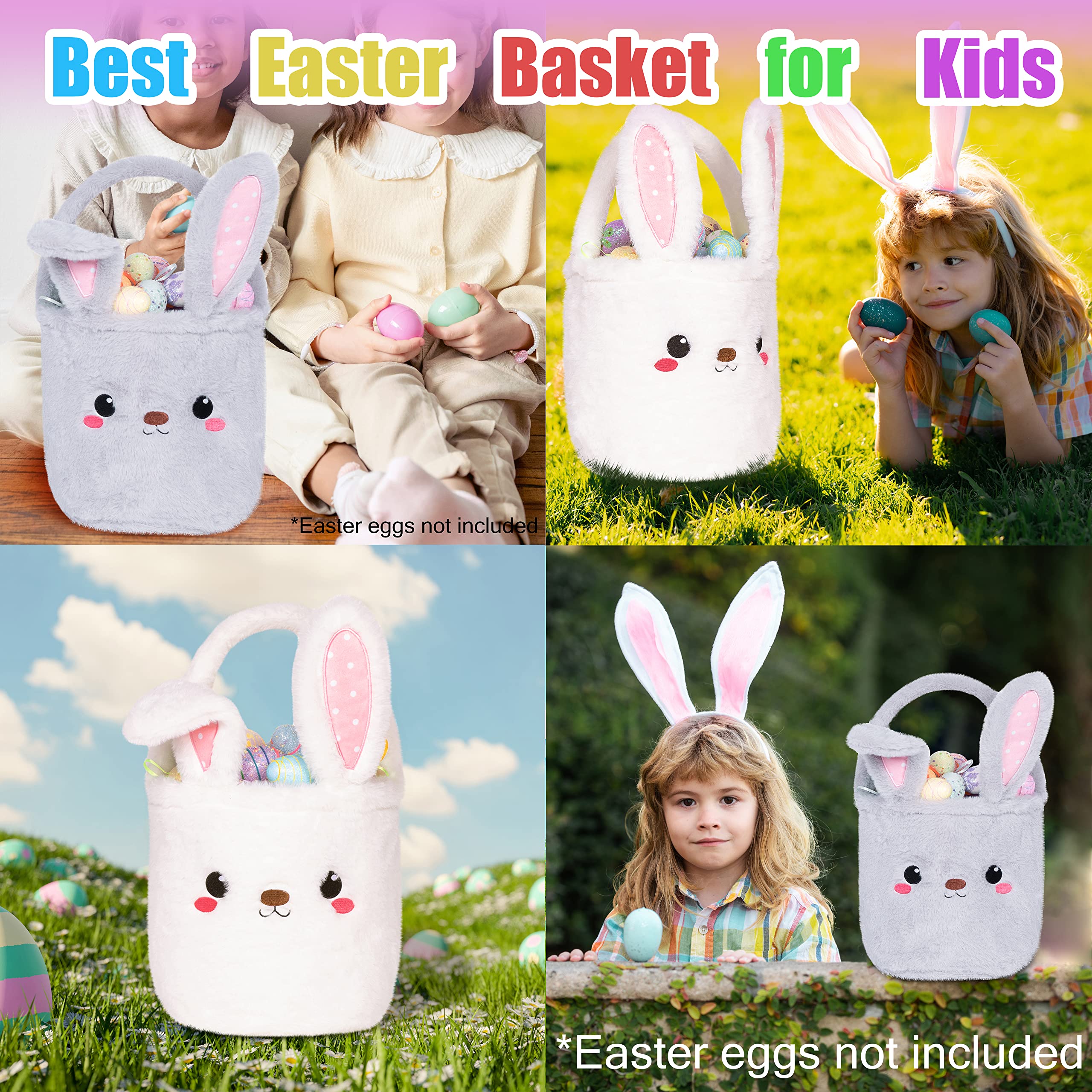 Easter Bunny Basket for Kids - Cute Plush Foldable Ears Easter Egg Hunt Tote with Handle - 9x9 Inch White Candy Bag Gift for Boys Girls Teens - Perfect for Easter Decorations, Egg Hunts & Party Favors
