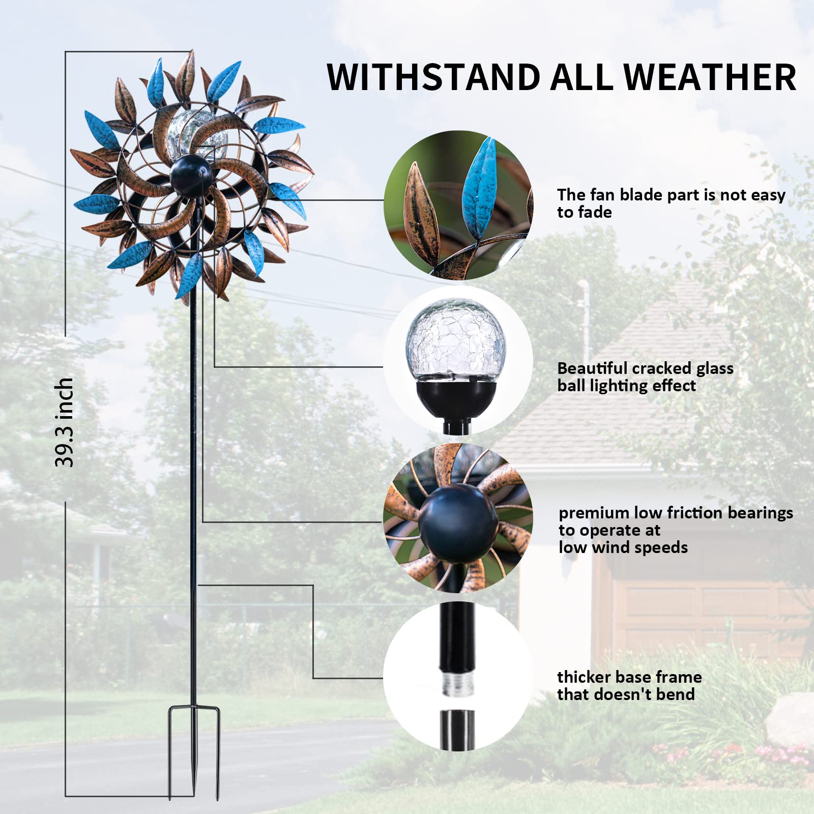 Solar Powered Metal Stake Yard Spinners - Color Changing LED Glass Ball Wind Spinner for Outdoor Garden & Lawn Decor | Weatherproof Solar Garden Spinner with Light for Patio, Yard, Backyard, and Landscape Decoration