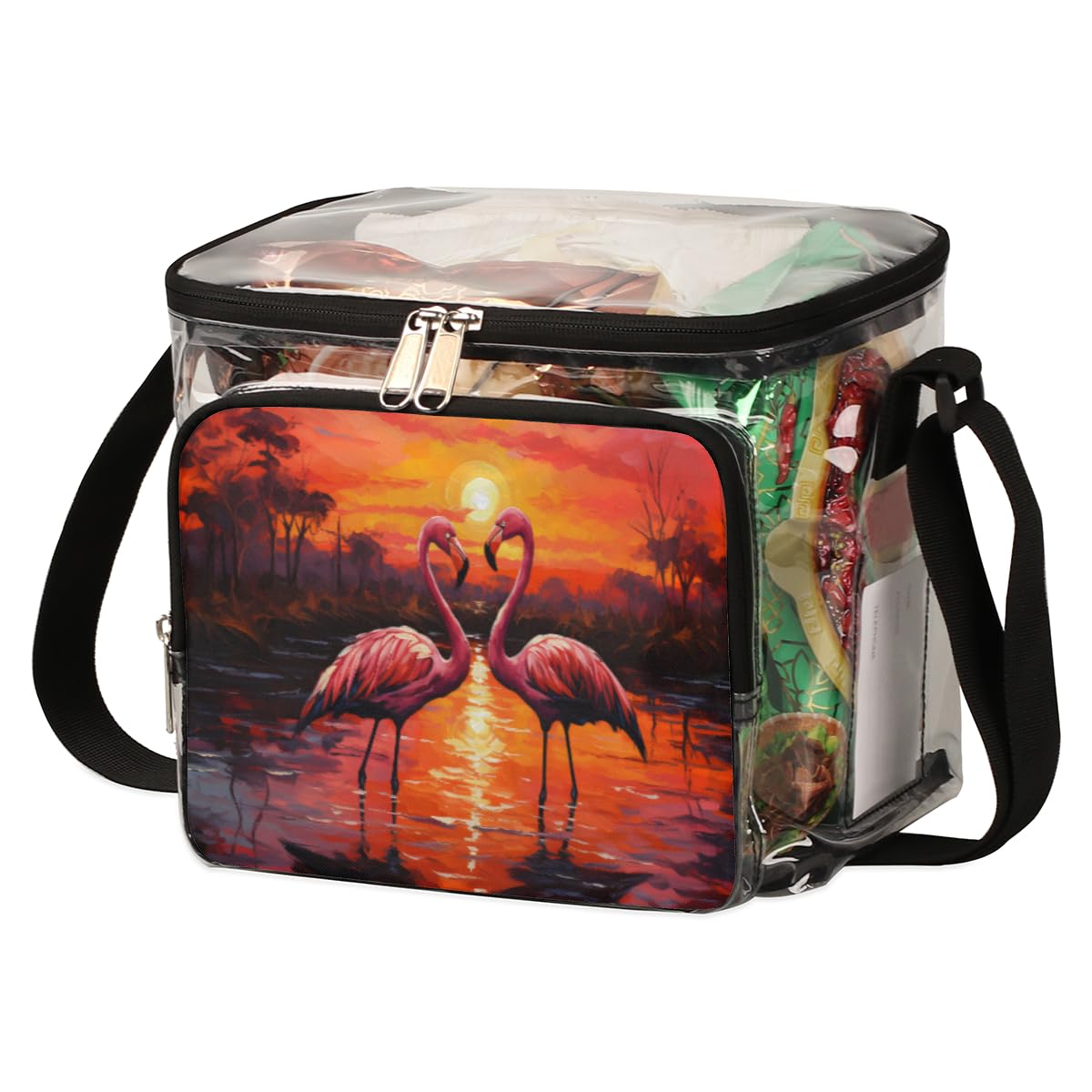 GzLeyigou Clear Transparent Tote Bag with Handles - Sunset Flamingo Print Crossbody Shoulder Bag for Women, Lunch Bag for Outdoor, Travel, Picnic, Concerts & Sports Events - Stadium Approved Purse for Beach, Shopping & Theme Parks