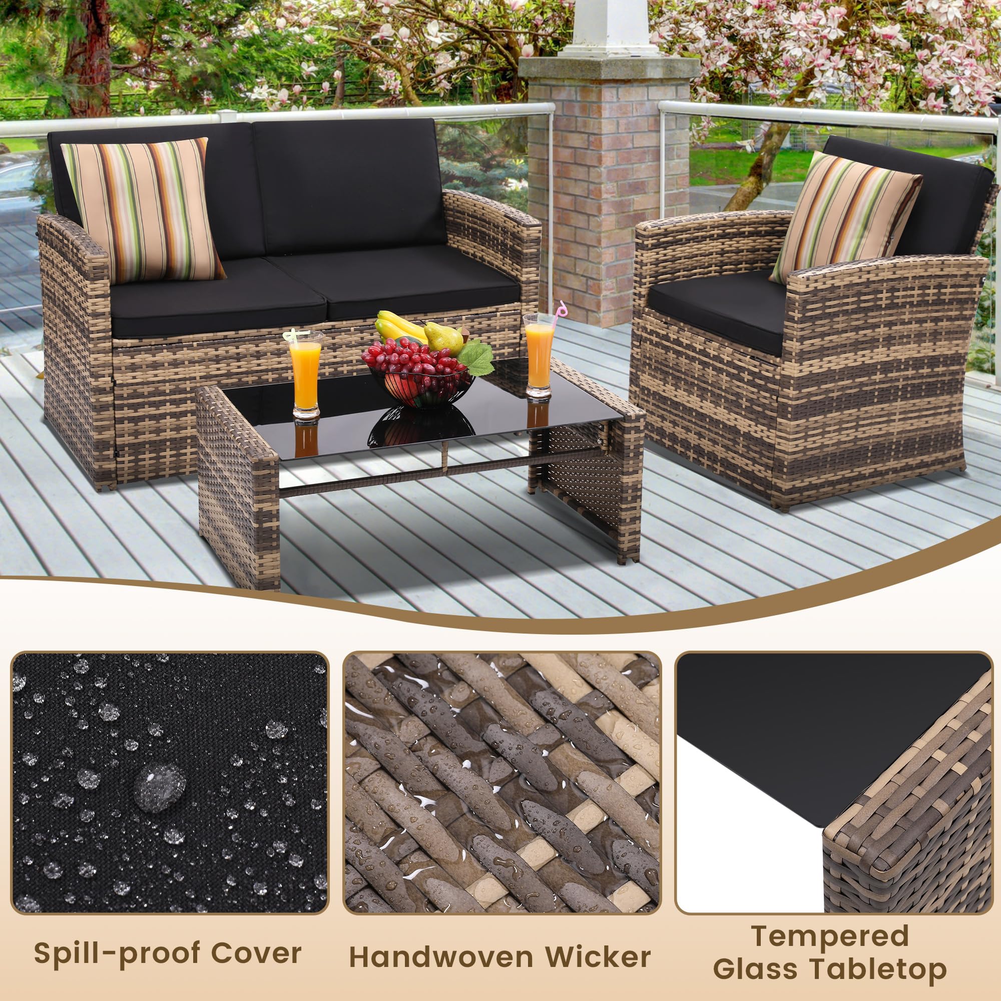 4-Piece Outdoor Patio Conversation Set - Wicker Sectional Sofa with 2 Chairs & Coffee Table - Natural Rattan Furniture with Black Washable Cushions - Perfect for Porch, Deck, Garden & Backyard Relaxation