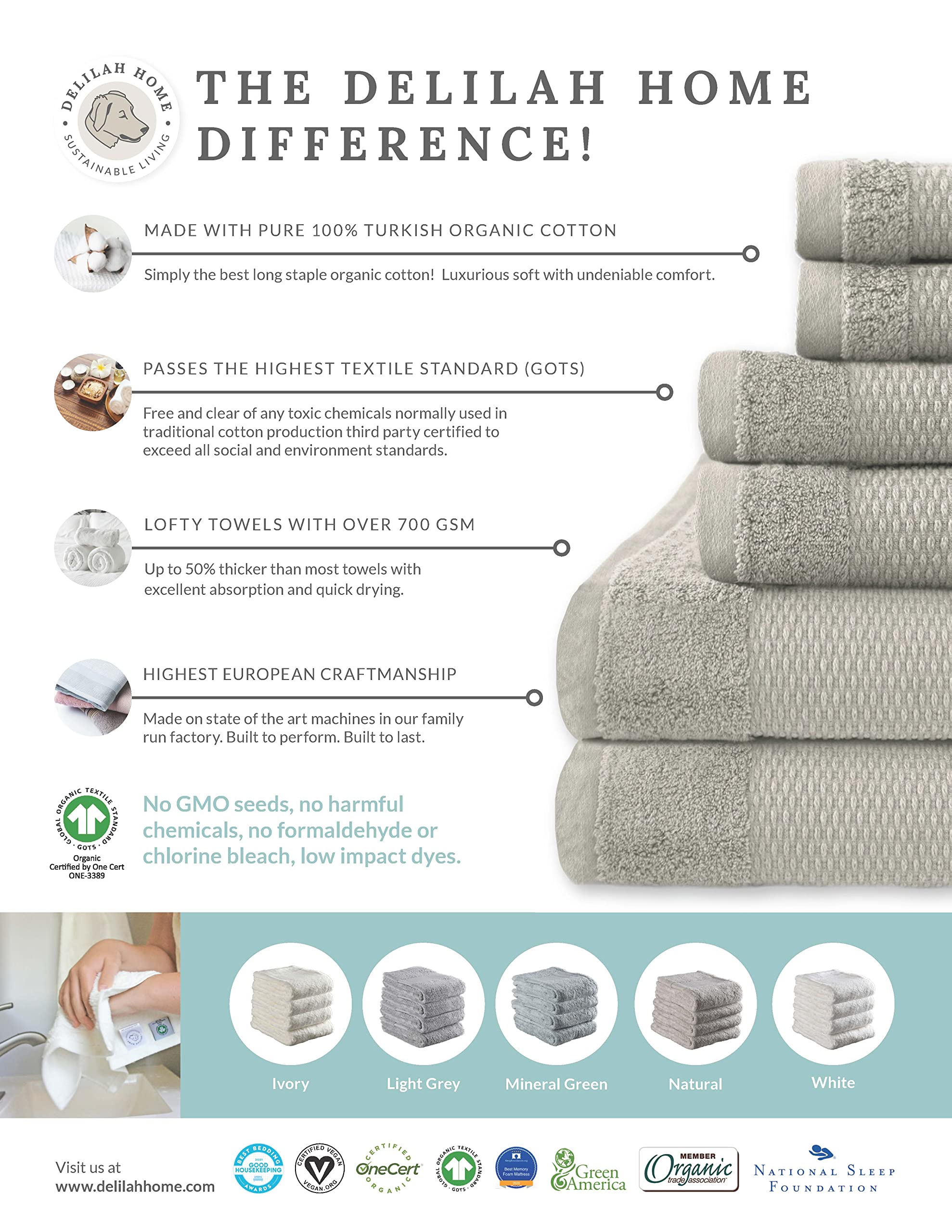 Delilah Home - 100% Organic Cotton Bath Towel Set | Ultra-Soft & Absorbent Turkish Spa Towels | Eco-Friendly & Vegan (13x13, 16x30, 30x54 Inches) 3-Piece Set in Ivory | Perfect for Bathroom, Spa, Gym & Beach Use