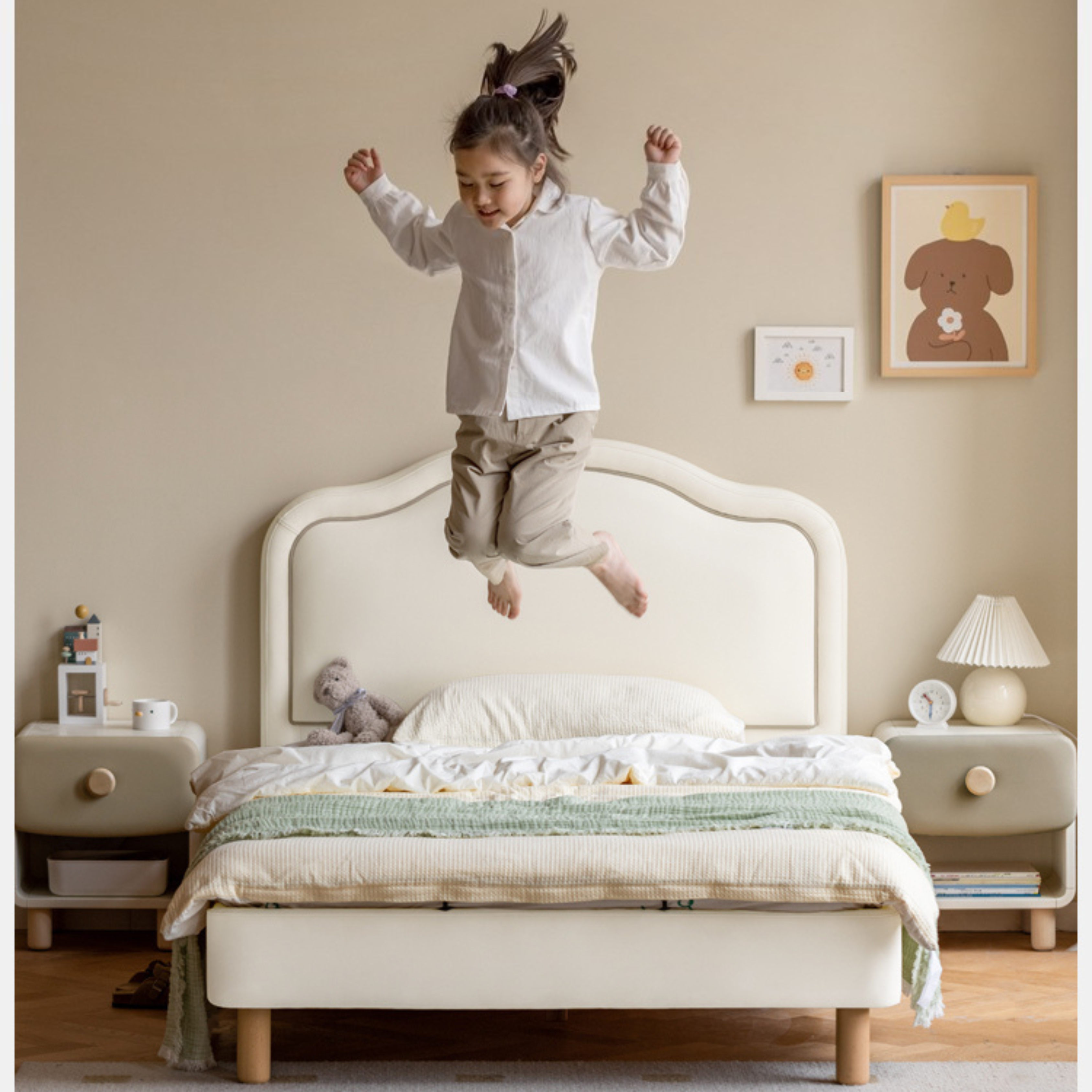 Organic Leather Cream Style Soft Kids Bed – Premium Comfort for Nursery, Bedroom & Playroom – Safe & Durable Toddler Bed for Sweet Dreams