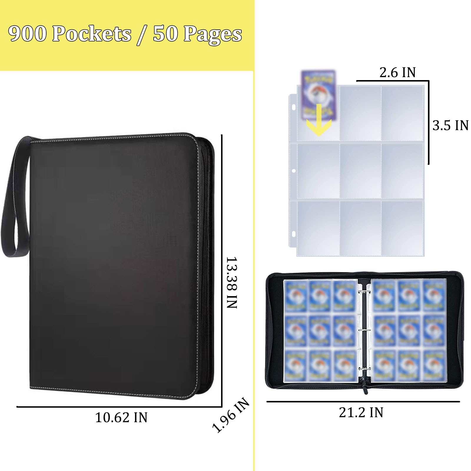 Premium 900-Pocket Trading Card Binder with Zipper & Handle - 9-Pocket Card Collection Album with 50 Removable Sleeves - Durable Card Holder for Baseball, Football, Pokemon, MTG & Sports Cards (Black) - Perfect for Collectors, Tournaments & Card Storage Organization