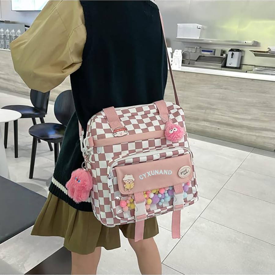 Cute Japanese Kawaii Messenger Bag - Stylish Laptop Backpack for School, Travel & Work - Multifunctional Plaid Shoulder Tote Bag for Women & Teens - Perfect for College, Office & Daily Commute
