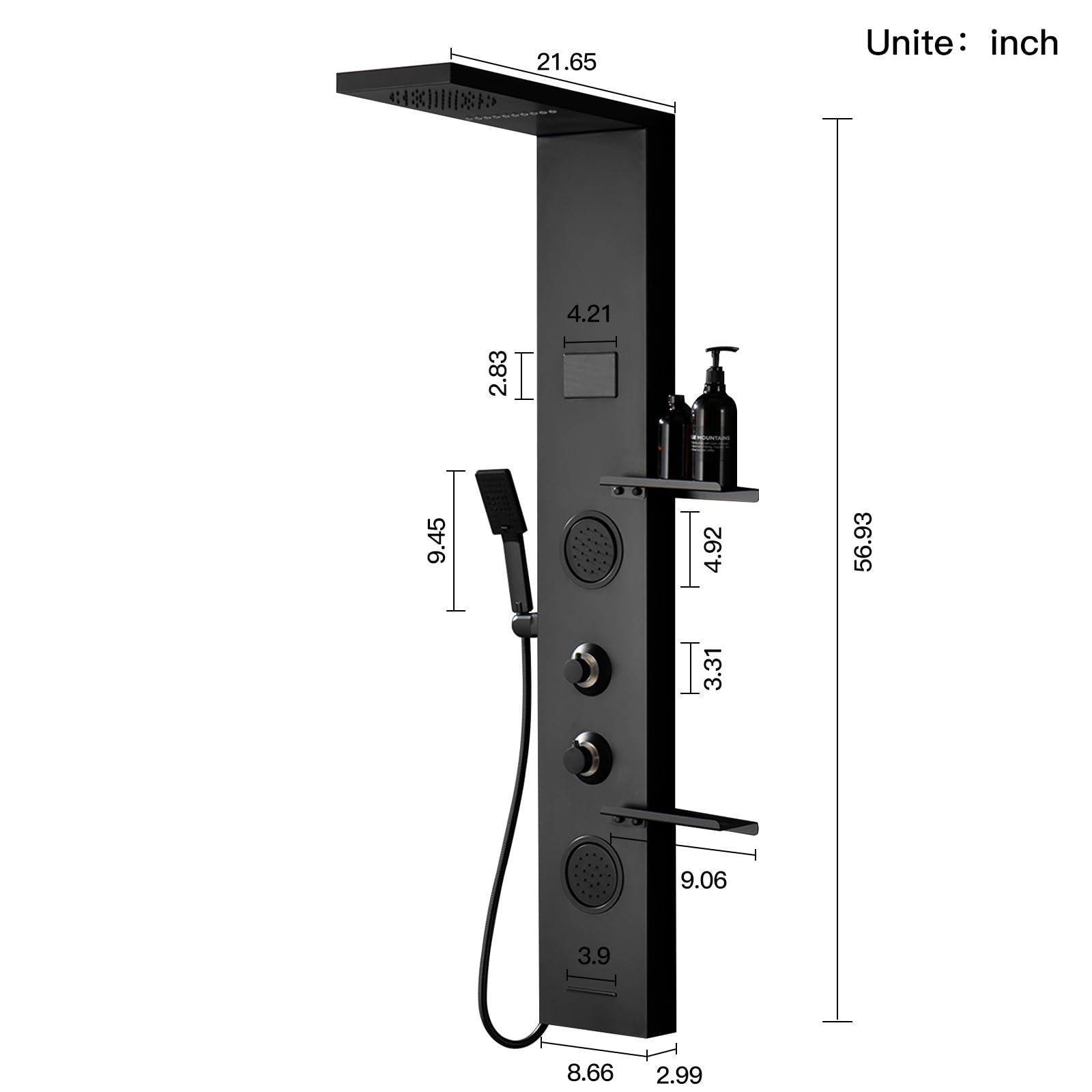 Premium Matte Black LED Shower Panel System with Rainfall Shower Head, Handheld Massage Jets & 304 Stainless Steel Storage Shelf - Modern Waterfall Bathtub Upgrade for Luxury Spa-Like Bathroom Experience