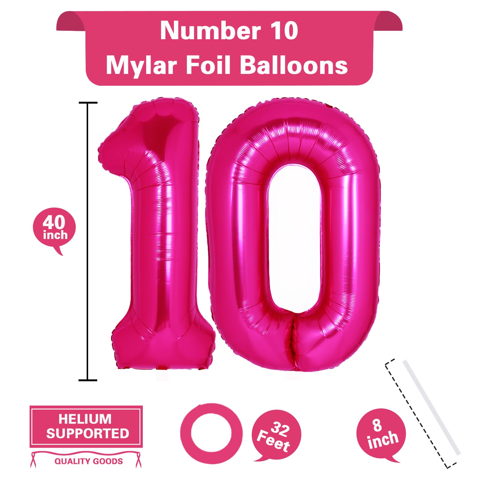40 Inch Giant Hot Pink Number 10 Balloon - Helium Mylar Foil Birthday Balloons for 10th Birthday Party Decorations | Kids & Adults Anniversary Celebration Supplies (Ideal for Milestone Birthdays, Decade Anniversaries & Photo Backdrops)